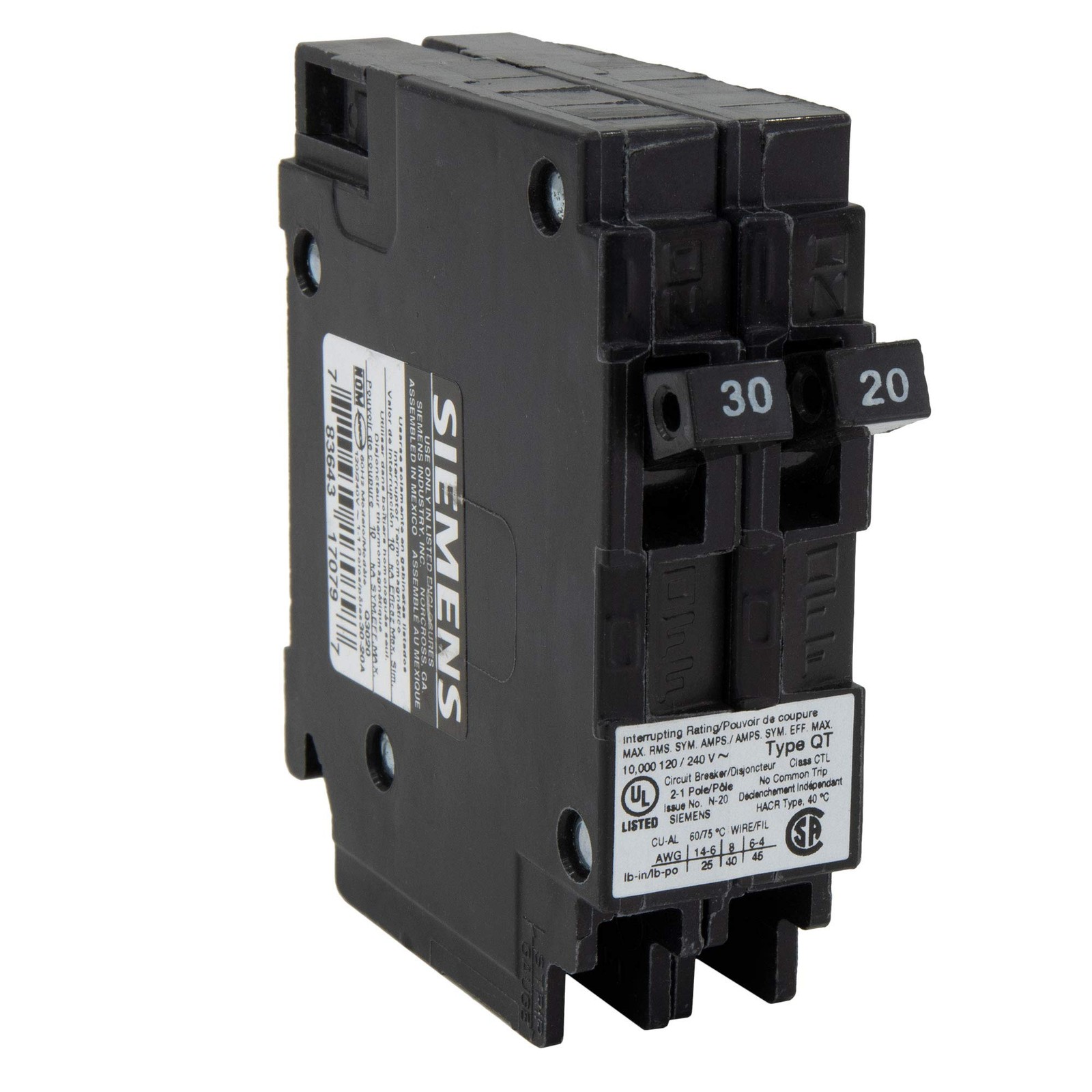RV Circuit Breaker 30/20 Amp Twin Single-Pole 120V QT Compatible 1 Pack