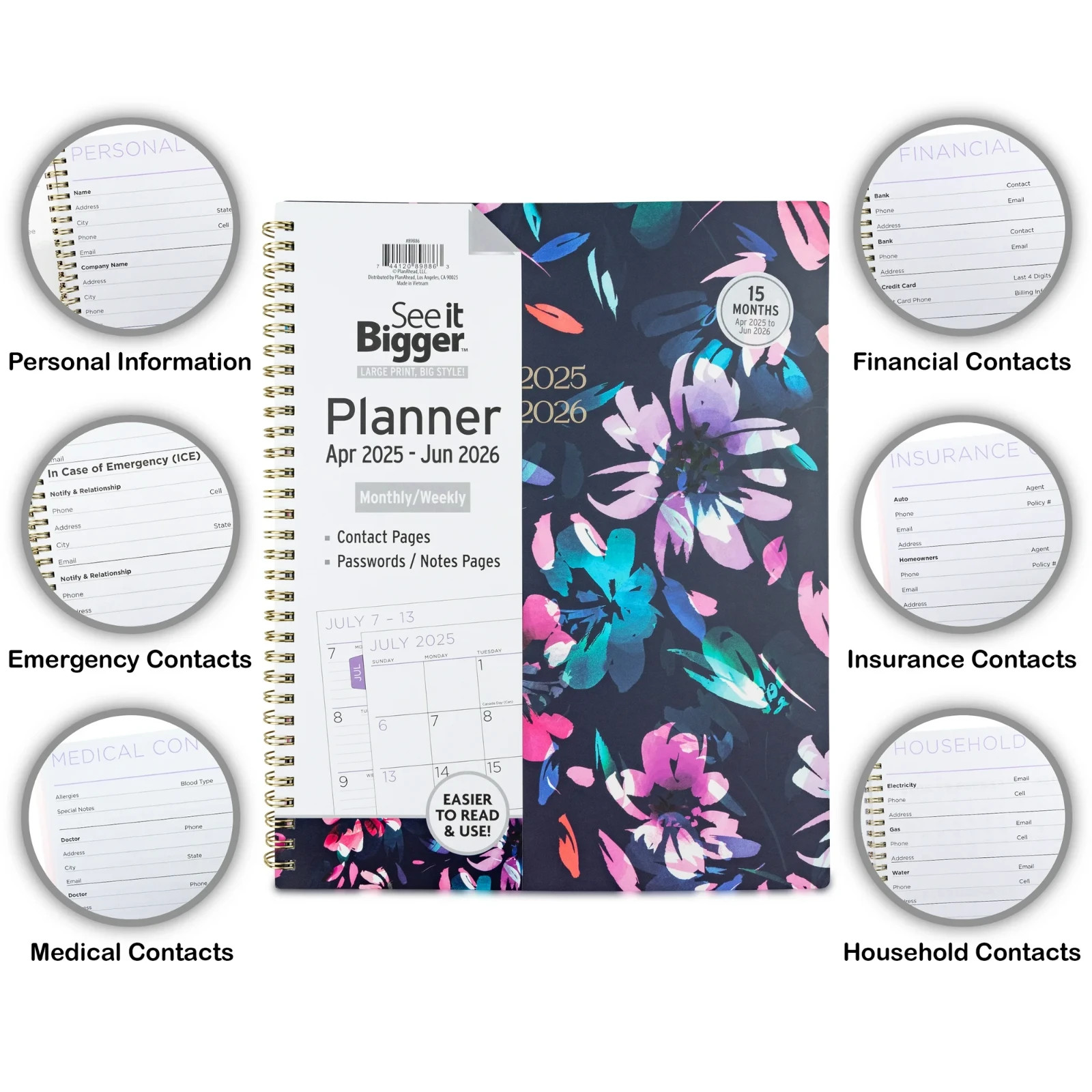 See it Bigger Monthly Weekly Planner Large (9.25″ x 11″) Blue Floral, 15 month