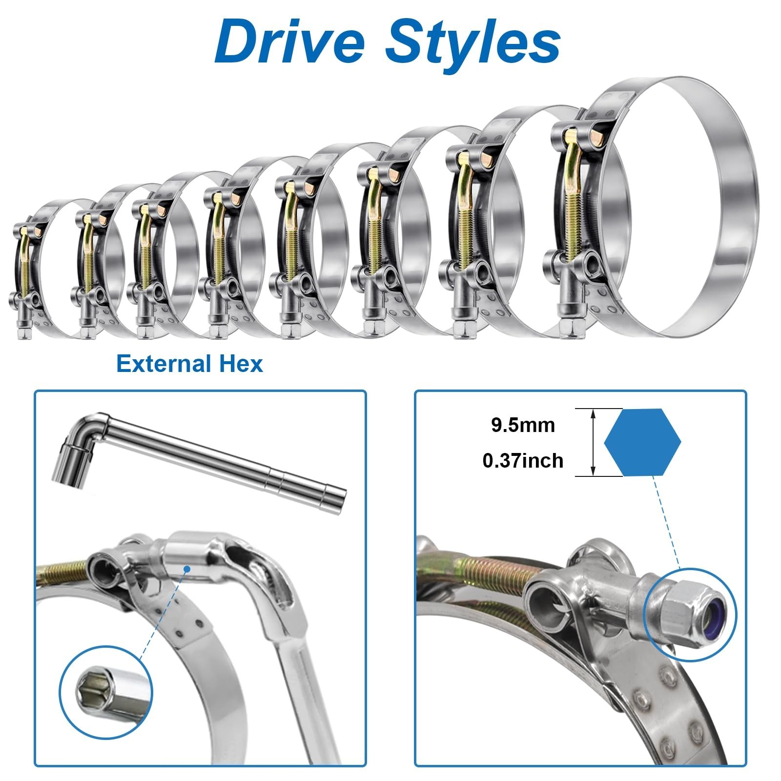 Stainless Steel T Bolt Hose Clamps 16 Piece Set 28-91mm for 3/4 to 3 Inch ID Use