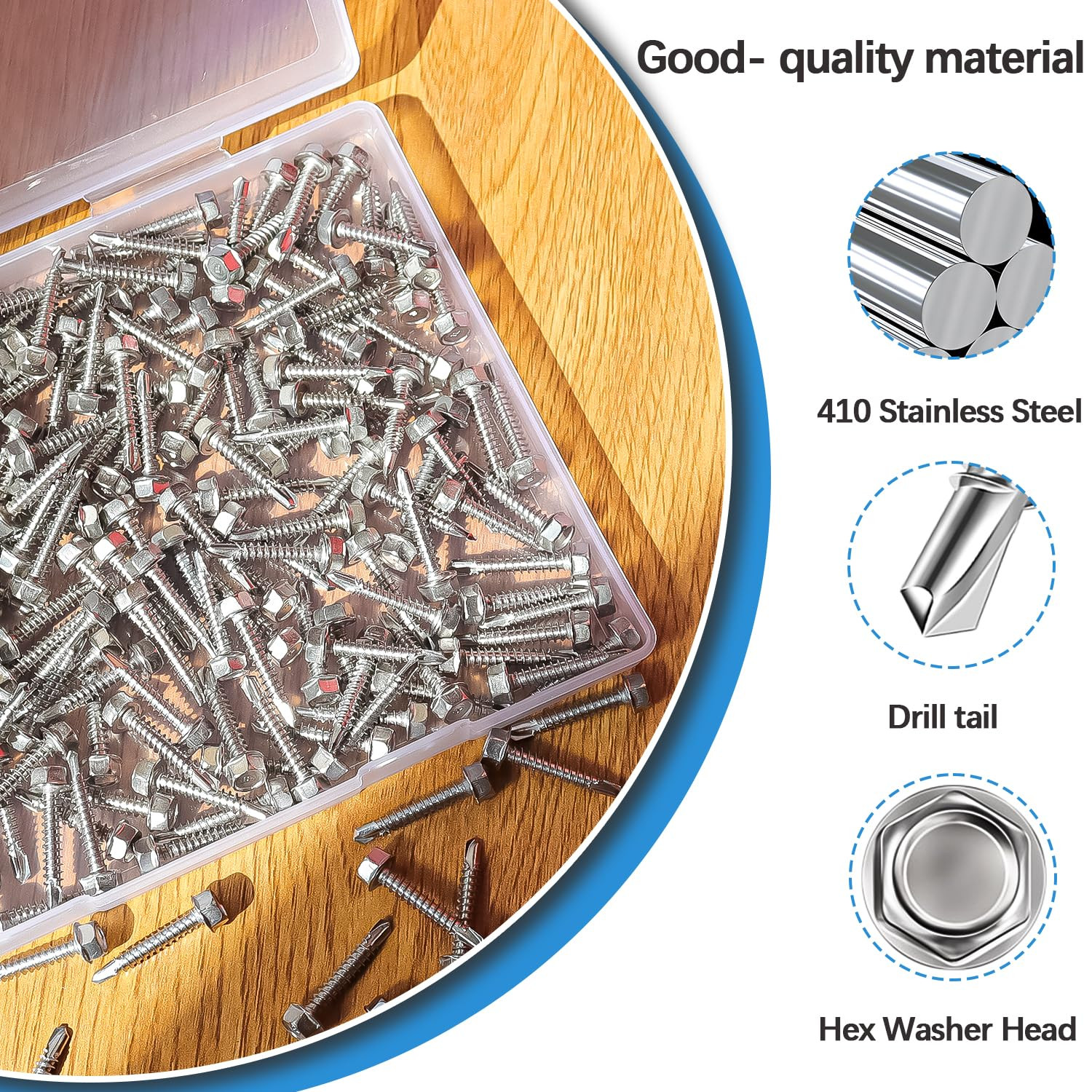 300PCS #8 x 3/4 Self Tapping Screws 410 Stainless Steel Hex Washer Head Fastener