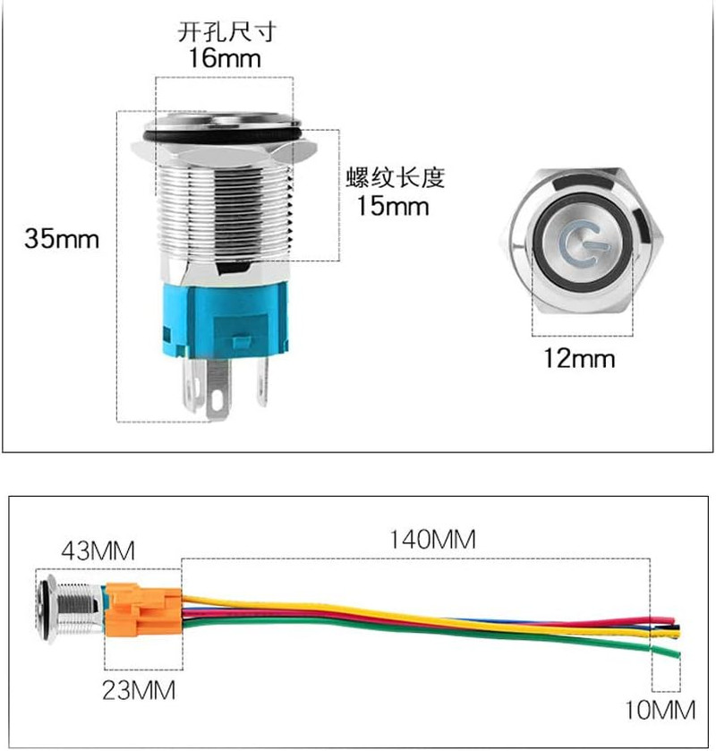 Latching Pushbutton Switch 16Mm 5/8″ 12V-24V 5A Power Angel Eye LED Light