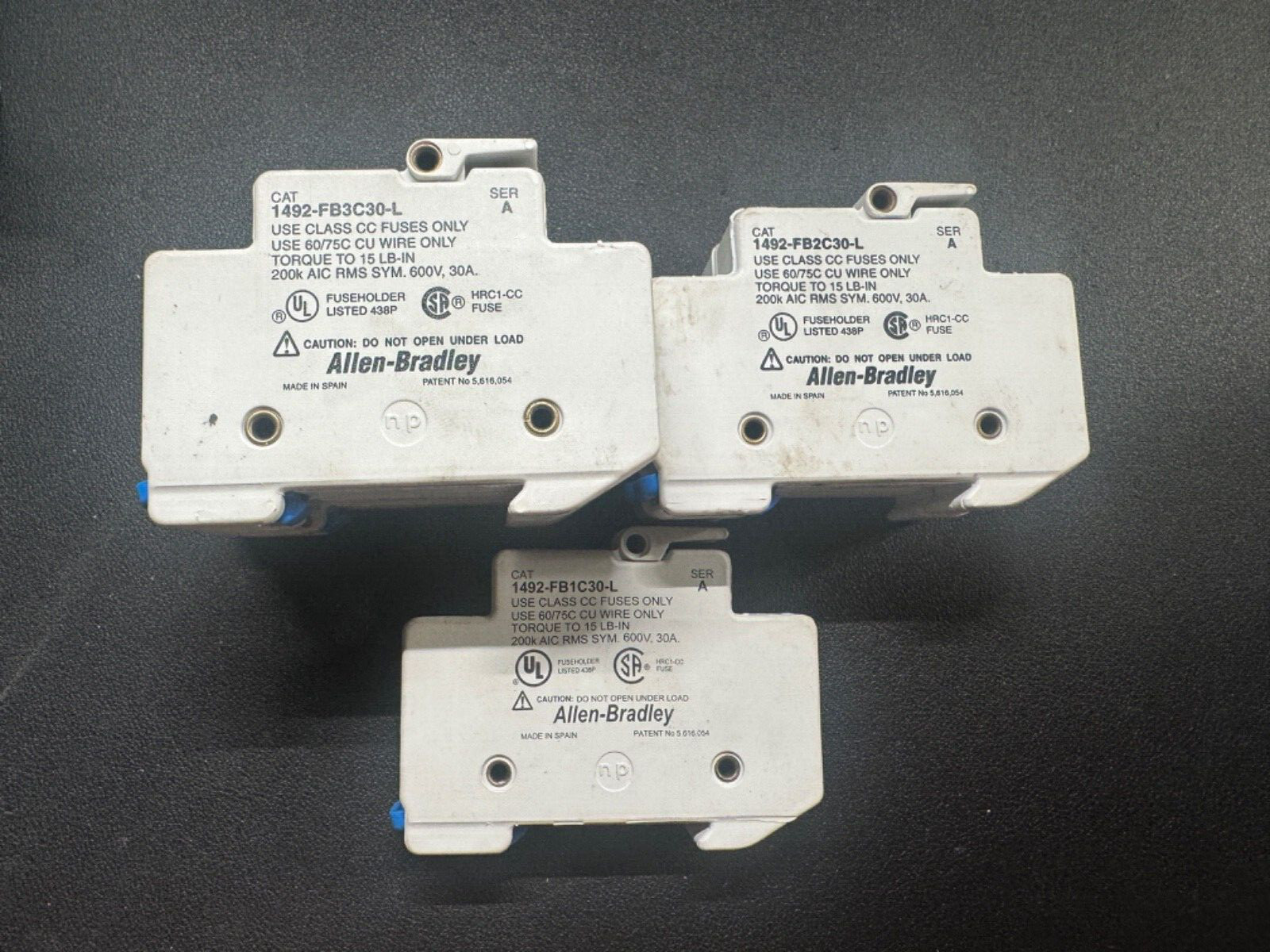 3 USED AB 1492-FB3C30-L, 1492-FB2C30-L, 1492-FB1C30-L Fuse Blocks 600V AC/DC 30A