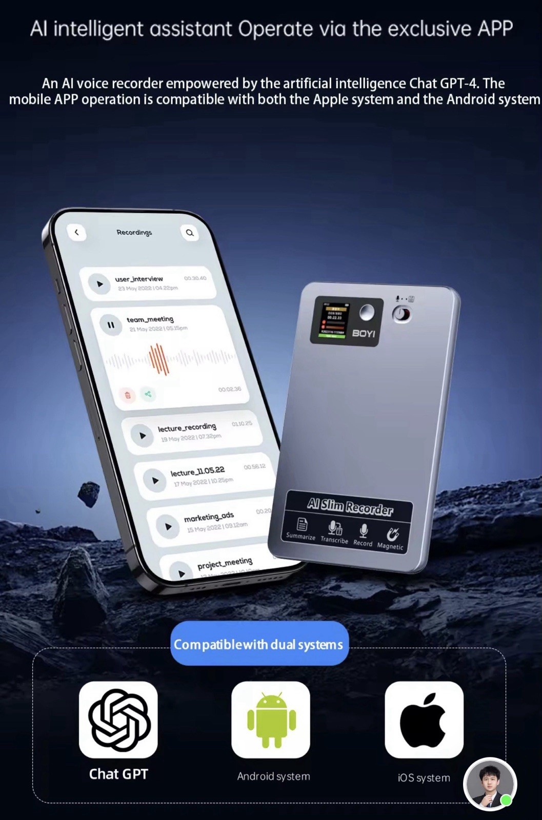 AI Voice Recorder ChatGPT 64GB 35H 118 Languages Transcribe Summarize Magnetic