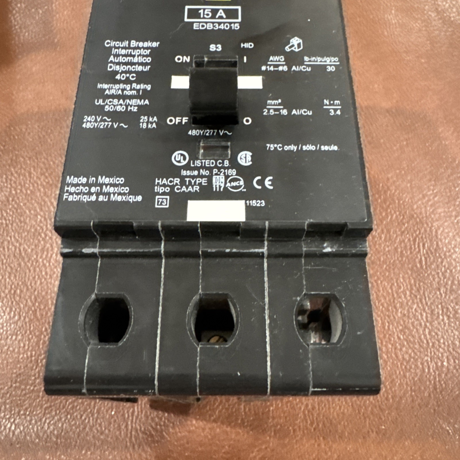 Square D EJB34015 Circuit Breaker 15A 3 Pole 480Y/277VAC 15 Amp 3P *Cracked Flaw