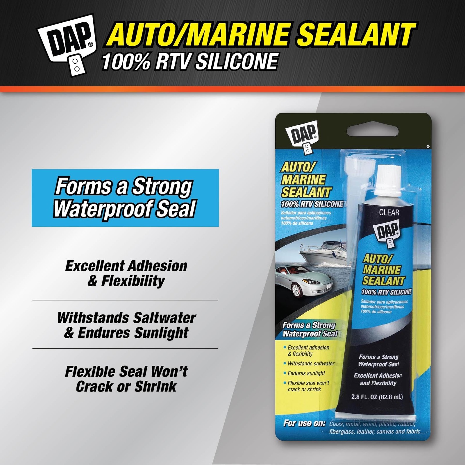 Clear Silicone Sealant 2.8 Ounce Waterproof Durable Automotive Marine Repair
