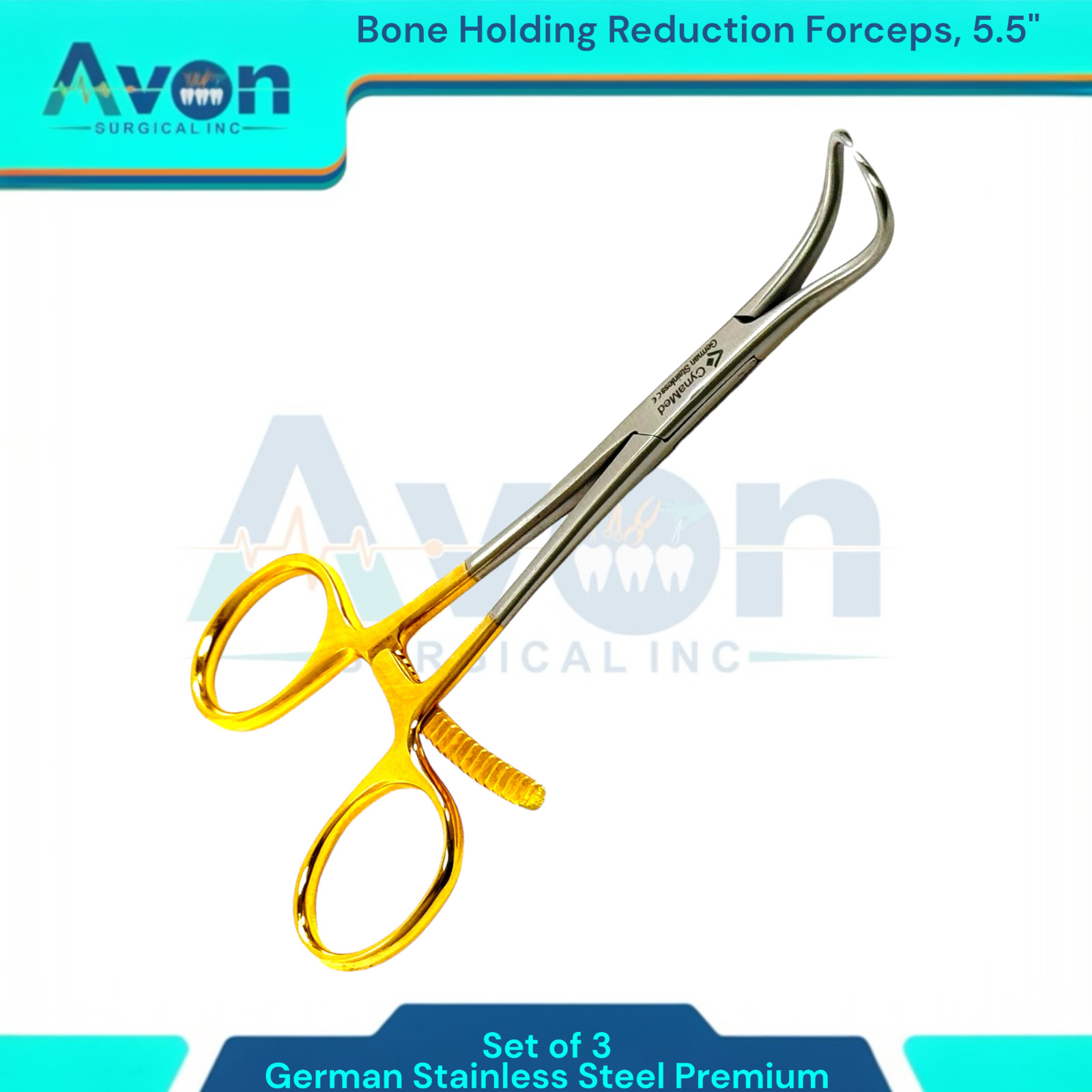 Premium Bone Holding Reduction Forceps 5.5″ w/ Ratcheting Gold Handle, 3PK