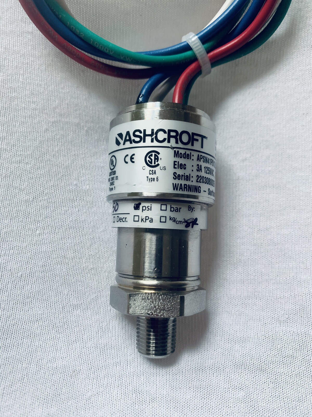 Ashcroft, APSN41P012LS01100#-50R, Pressure Sensor, 0-100 PSI, 3A 125VAC 2A 30VDC