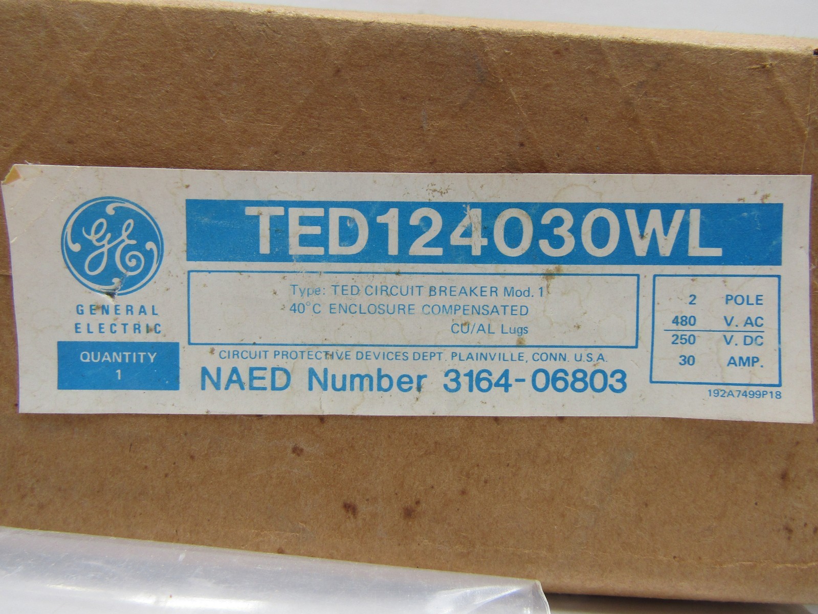 NEW GE TED124030WL 30 Amp 480V 2-Pole Circuit Breaker 30A 250 VDC TED124030