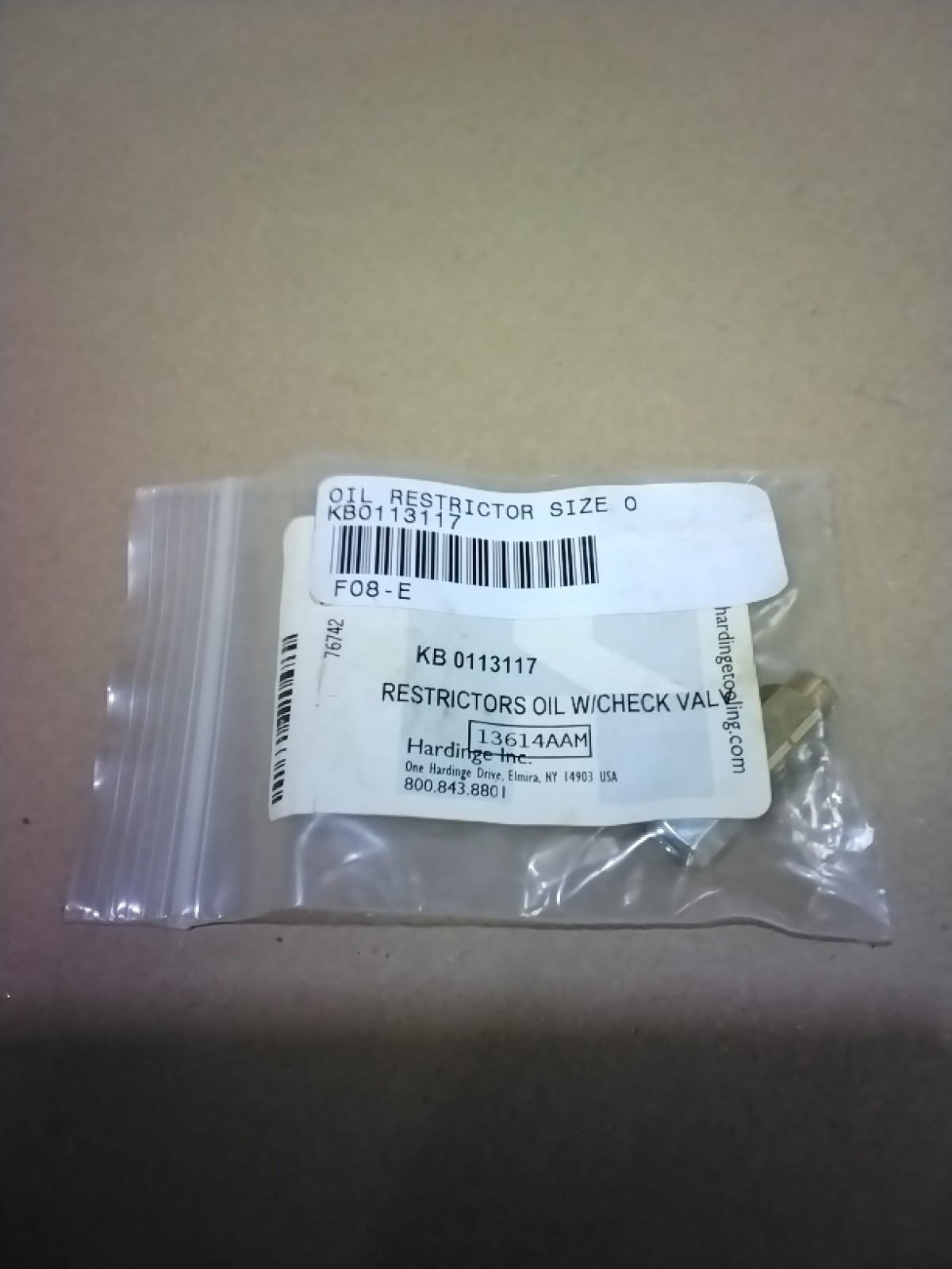 HARDINGE KB0113117 Restrictors Oil W/Check Valve