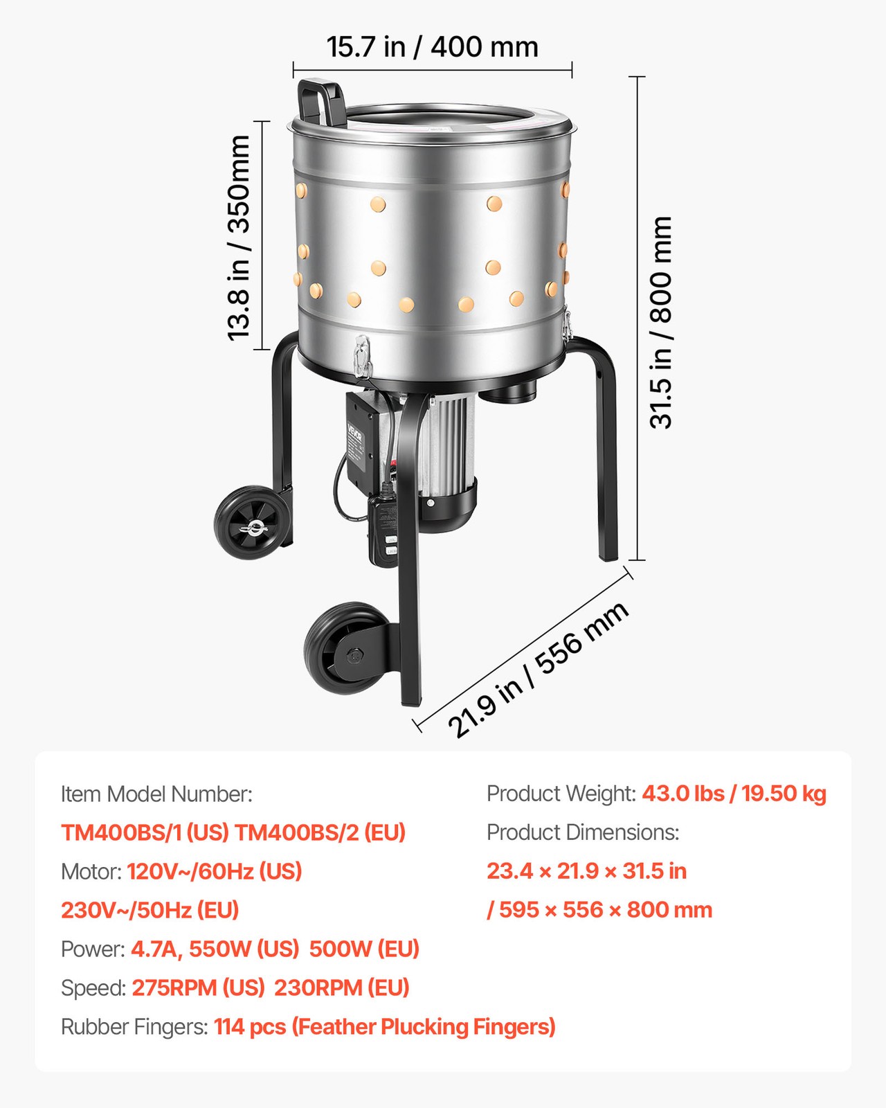 VEVOR 15.7″ Electric Chicken Plucker Machine 550W & 275RPM 114 Fingers & Wheels