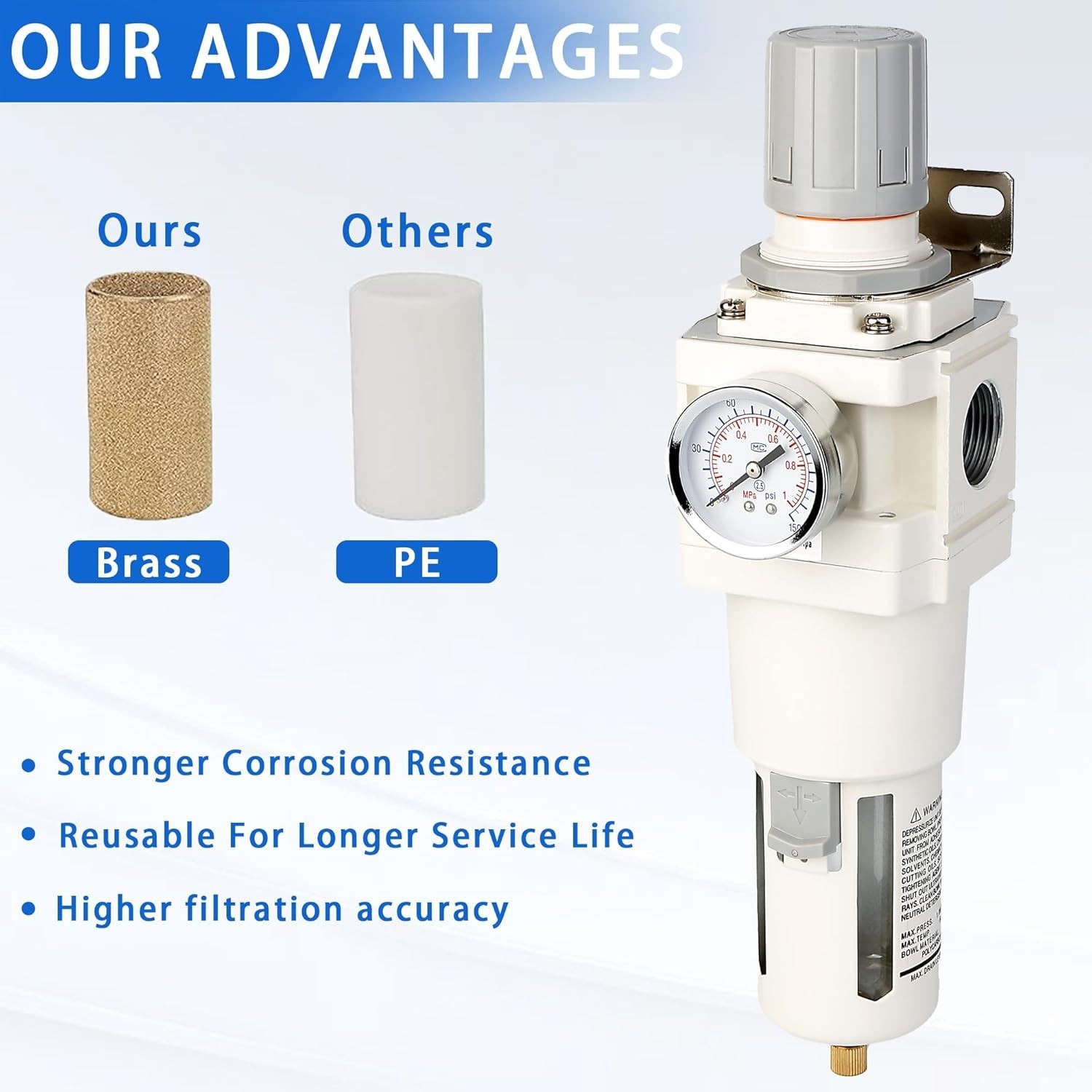 1″NPT Pneumatic Air Dryer 5 Micron Brass Filter Semi-Auto Drain 0-150PSI Combo