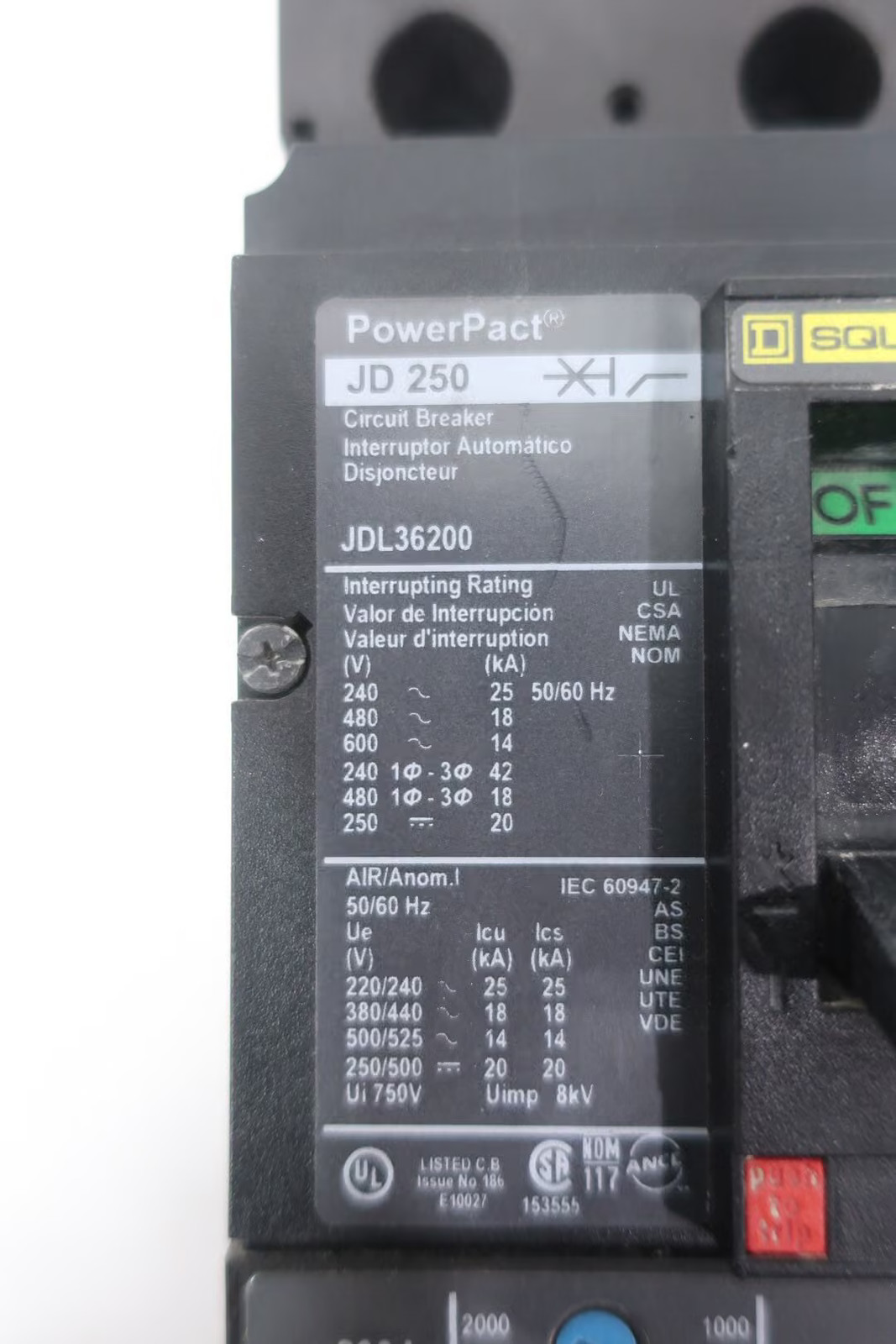 Square D JDL36200 Circuit Breaker 3p 200a Amp 600v-ac