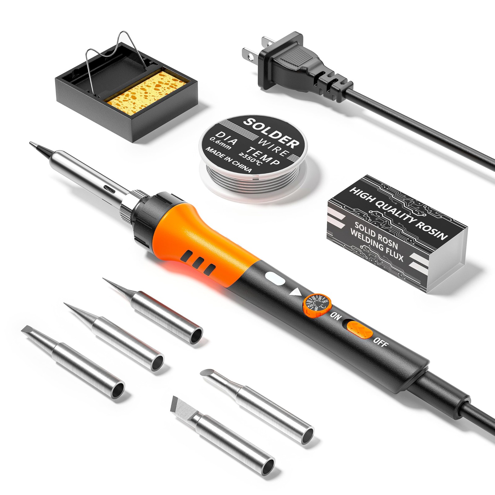 60W Adjustable Temperature Soldering Iron Kit – 9-in-1 With 5 Tips, Orange