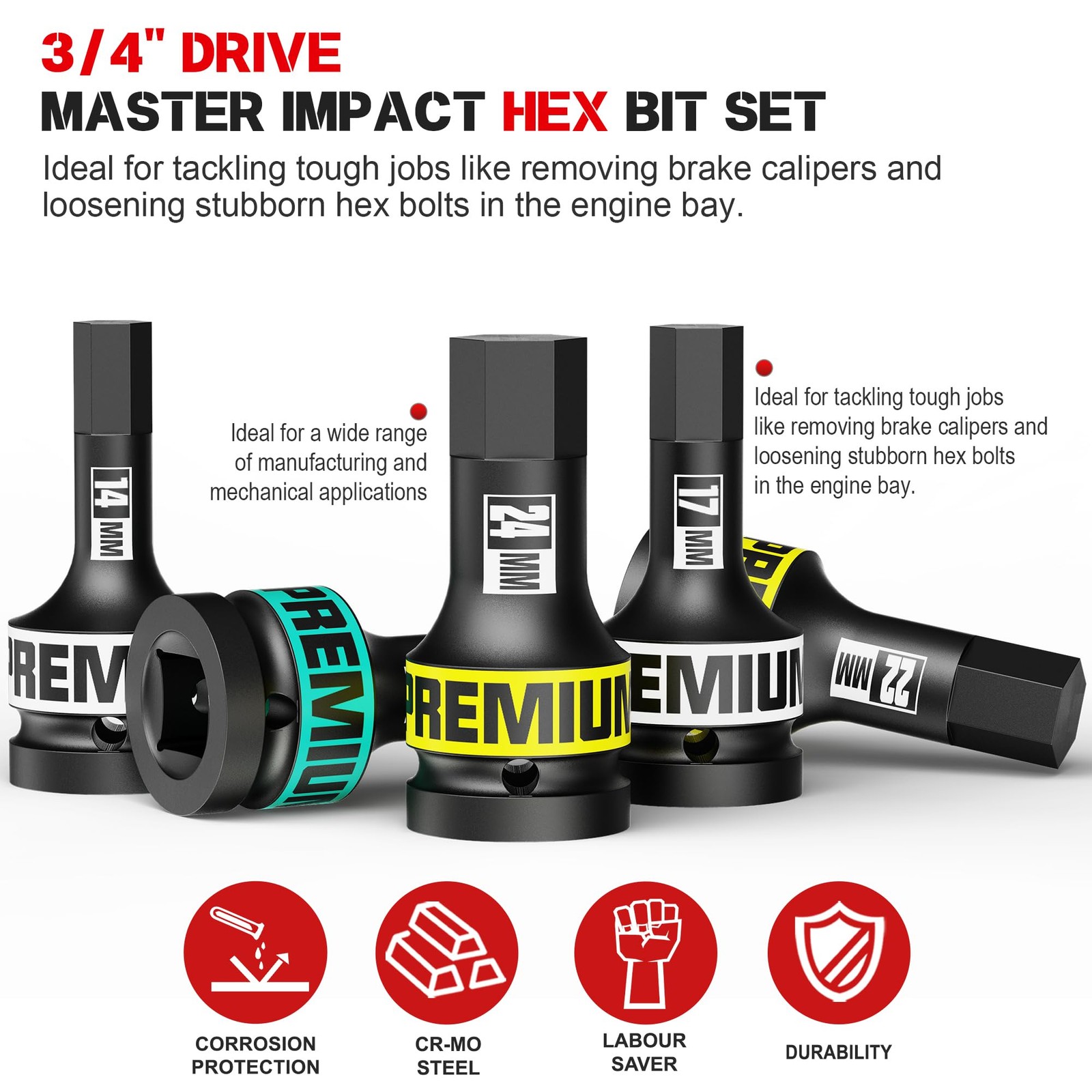 KIRXST 3/4″ Drive Impact Hex Bit Set, 5 Piece Metric Deep, Black