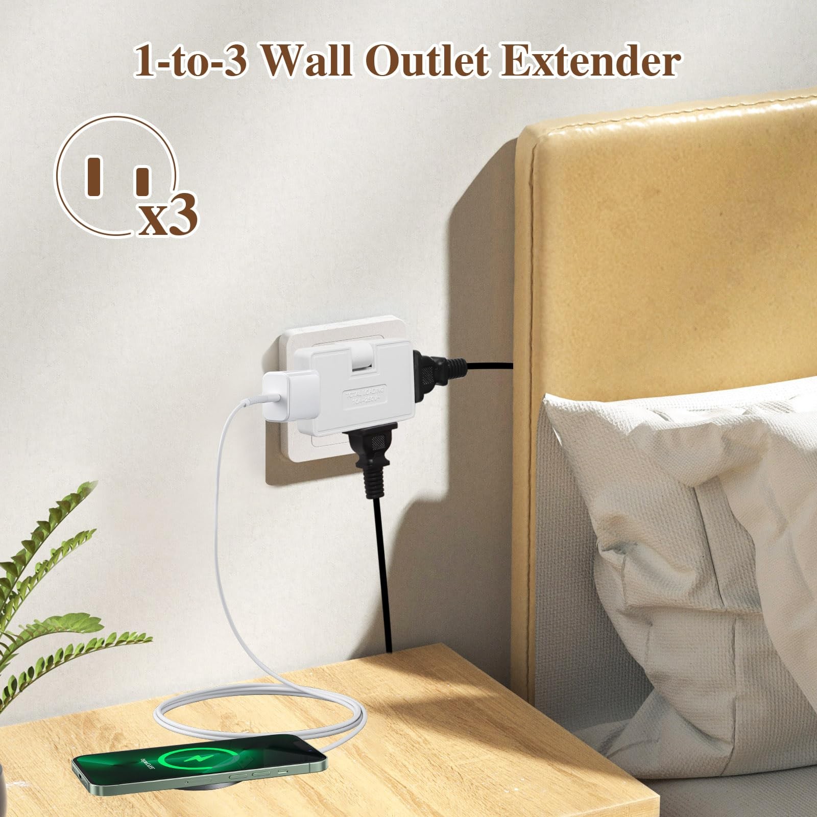 3 Way Flat Wall Outlet Extender Adapter- 2 Pack 180 Degrees White 2