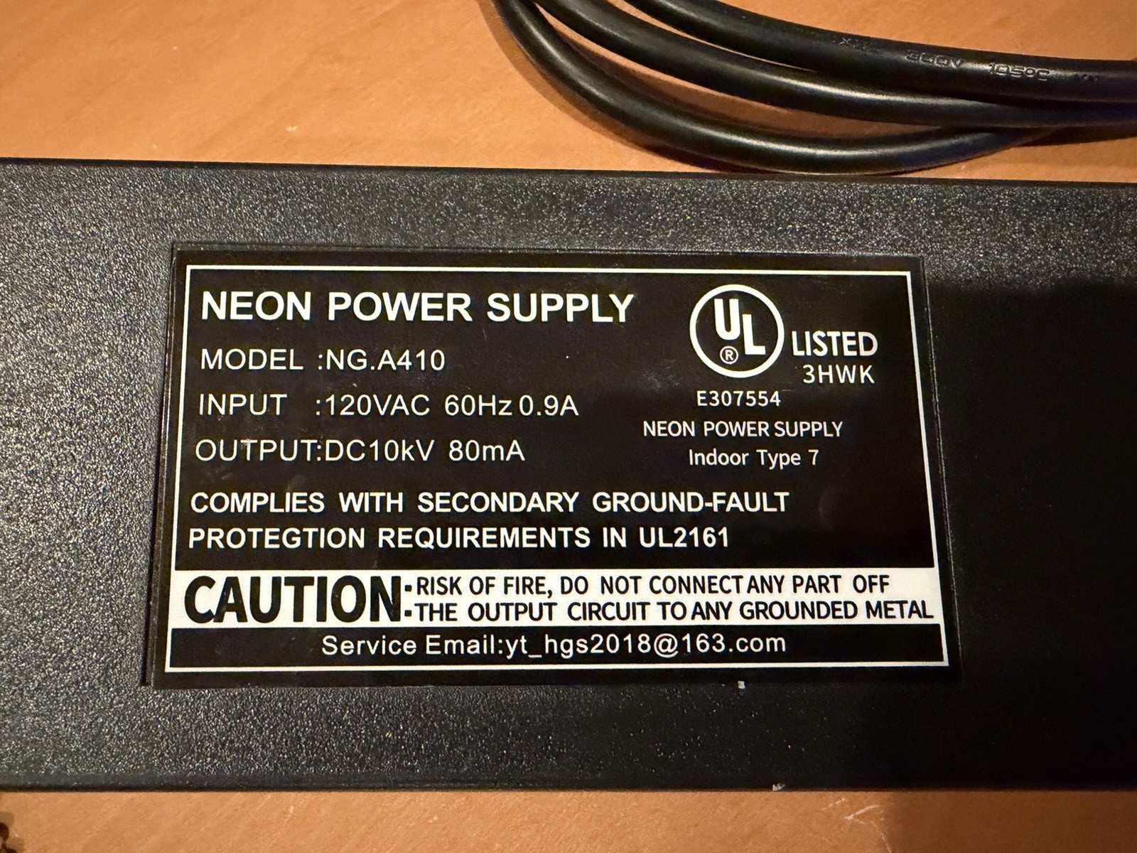 Neon Power Supply NG.A410 120VAC 0.9A to 10kVDC 80mA Wall Mount