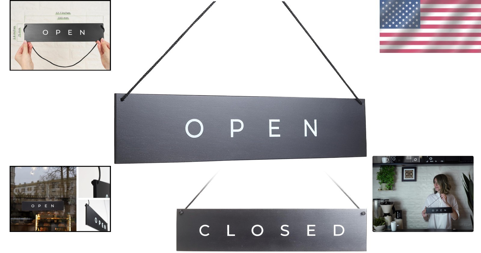 Chic Modern Open Closed Hanging Sign | Elegant Black Wooden Design 12.7 x 2.8