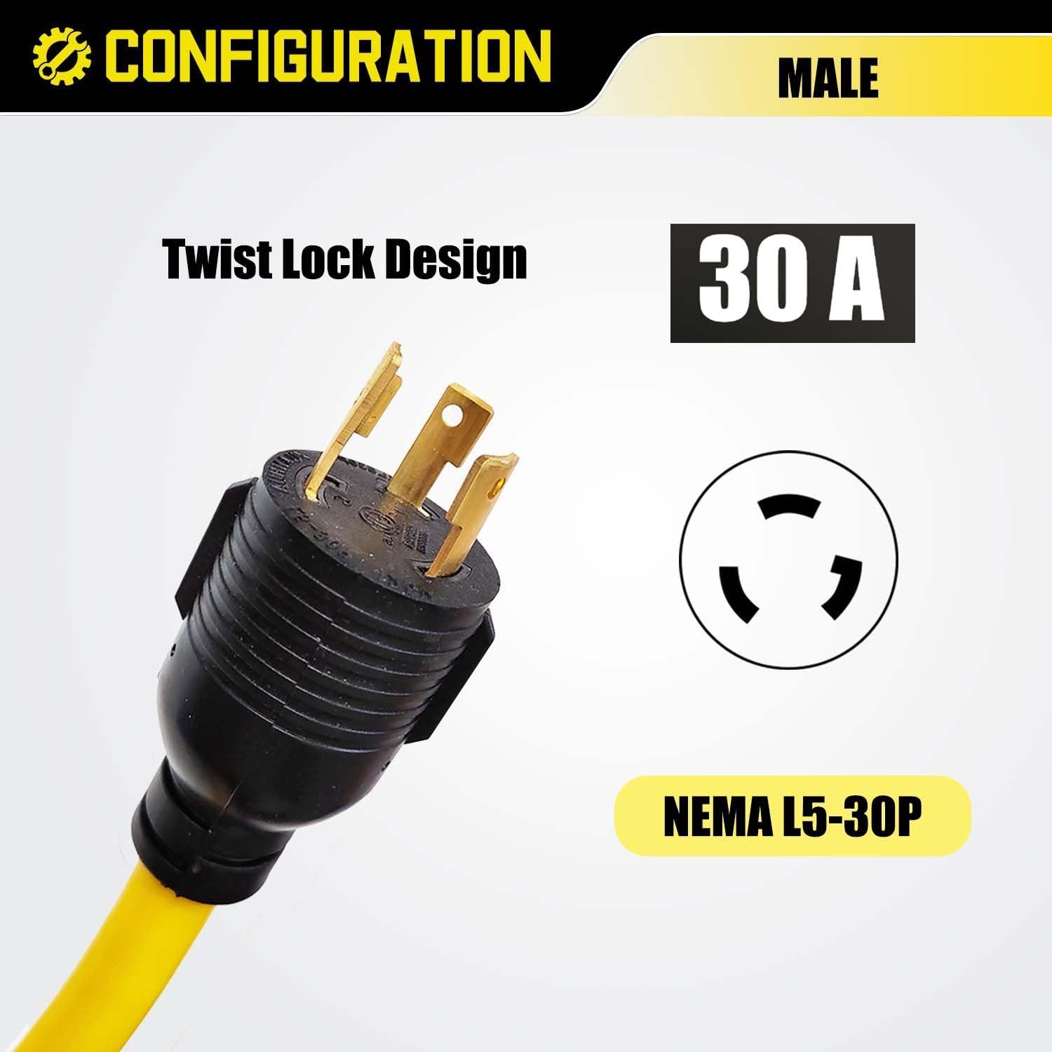 30 Amp 3 Prong Twist Lock to RV Adapter Cord, Generator Locking Plug NEMA L5-30P