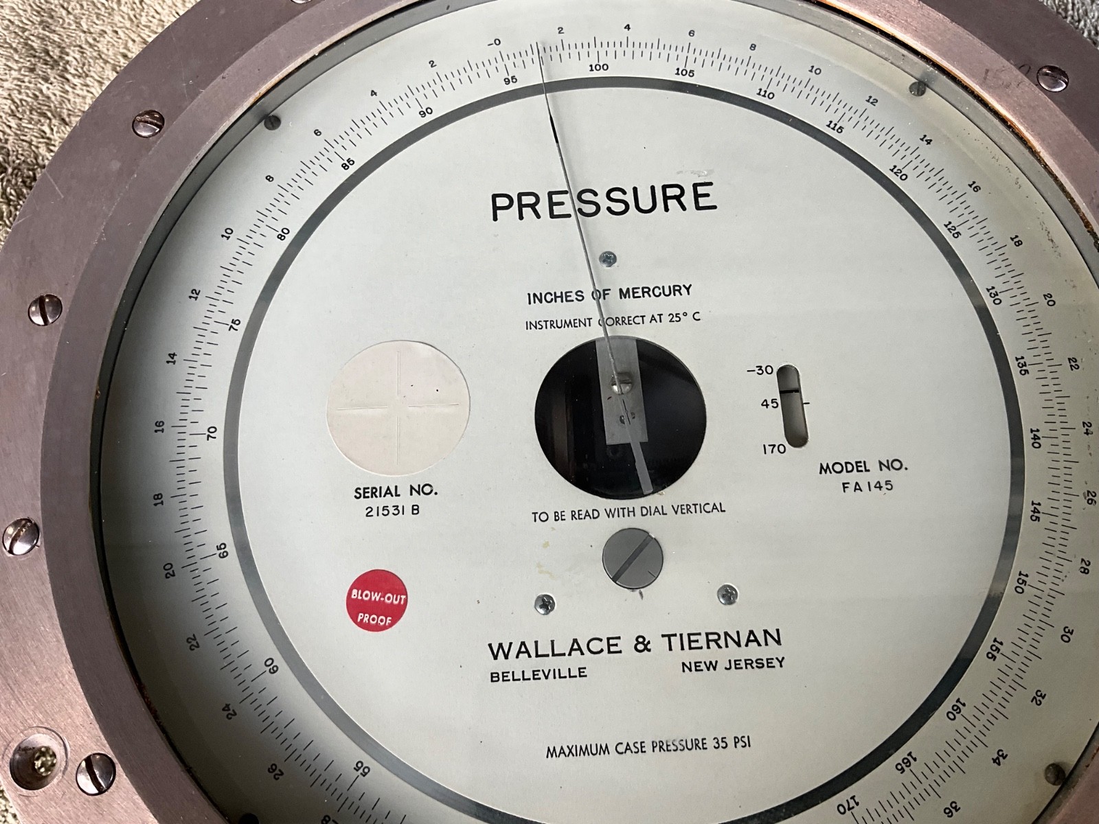 Wallace and Tiernan # FA145 inches of mercury pressure gauge 0-300