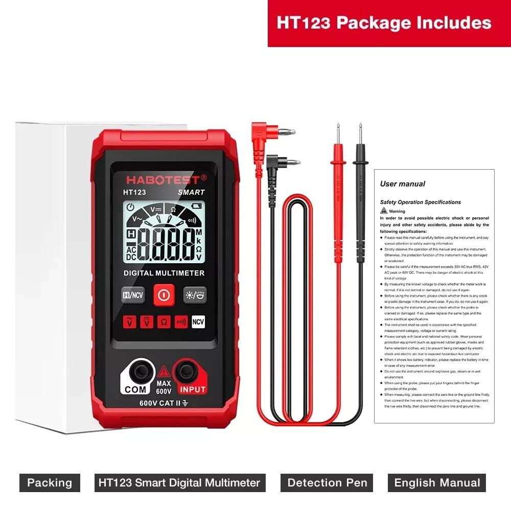 HT123 Digital Multimeter Smart Voltmeter Ohmmeter AC DC Meter Tester – US