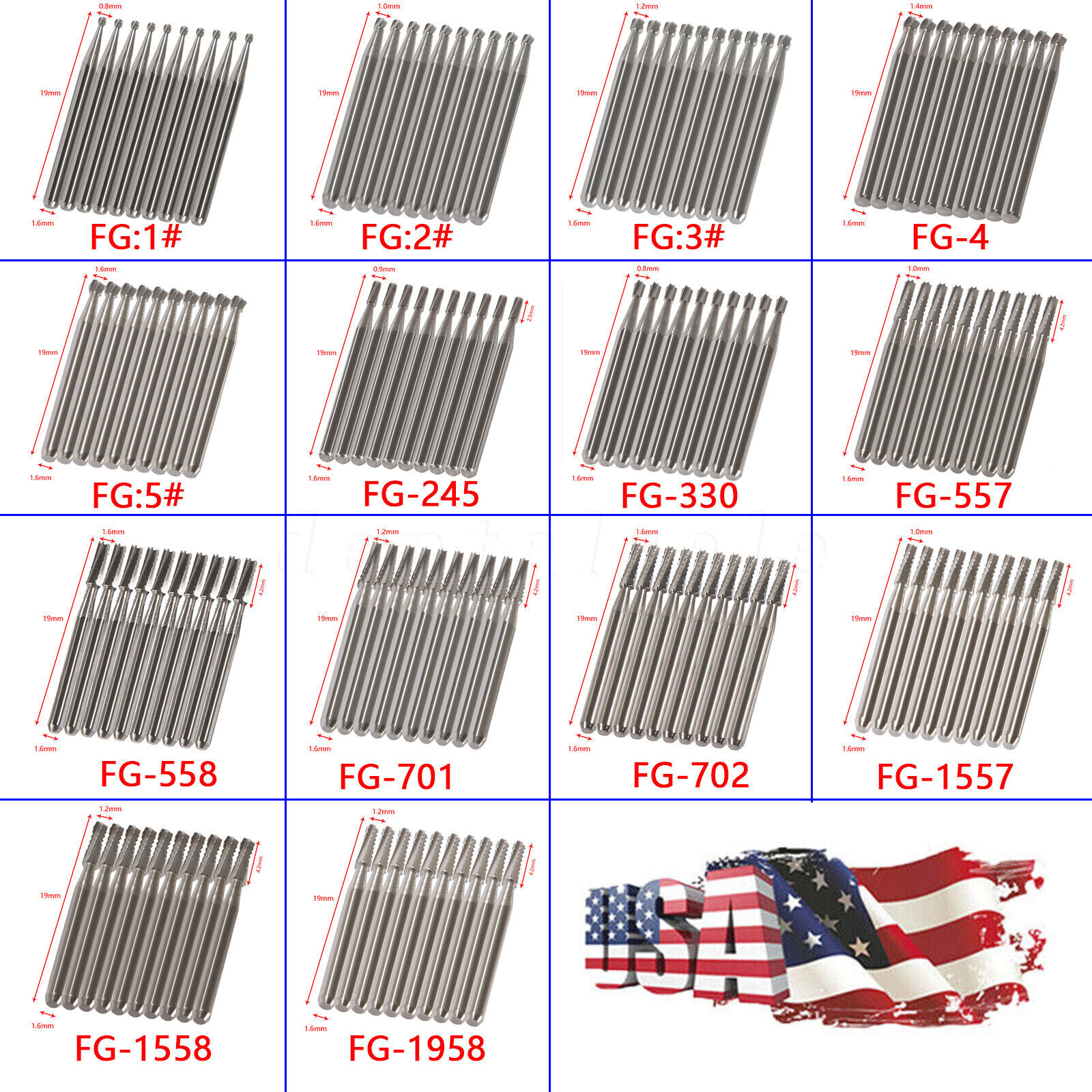 10-100Pcs Dental Carbide Burs for High Speed Handpiece Round Cone Bur Diamond FG