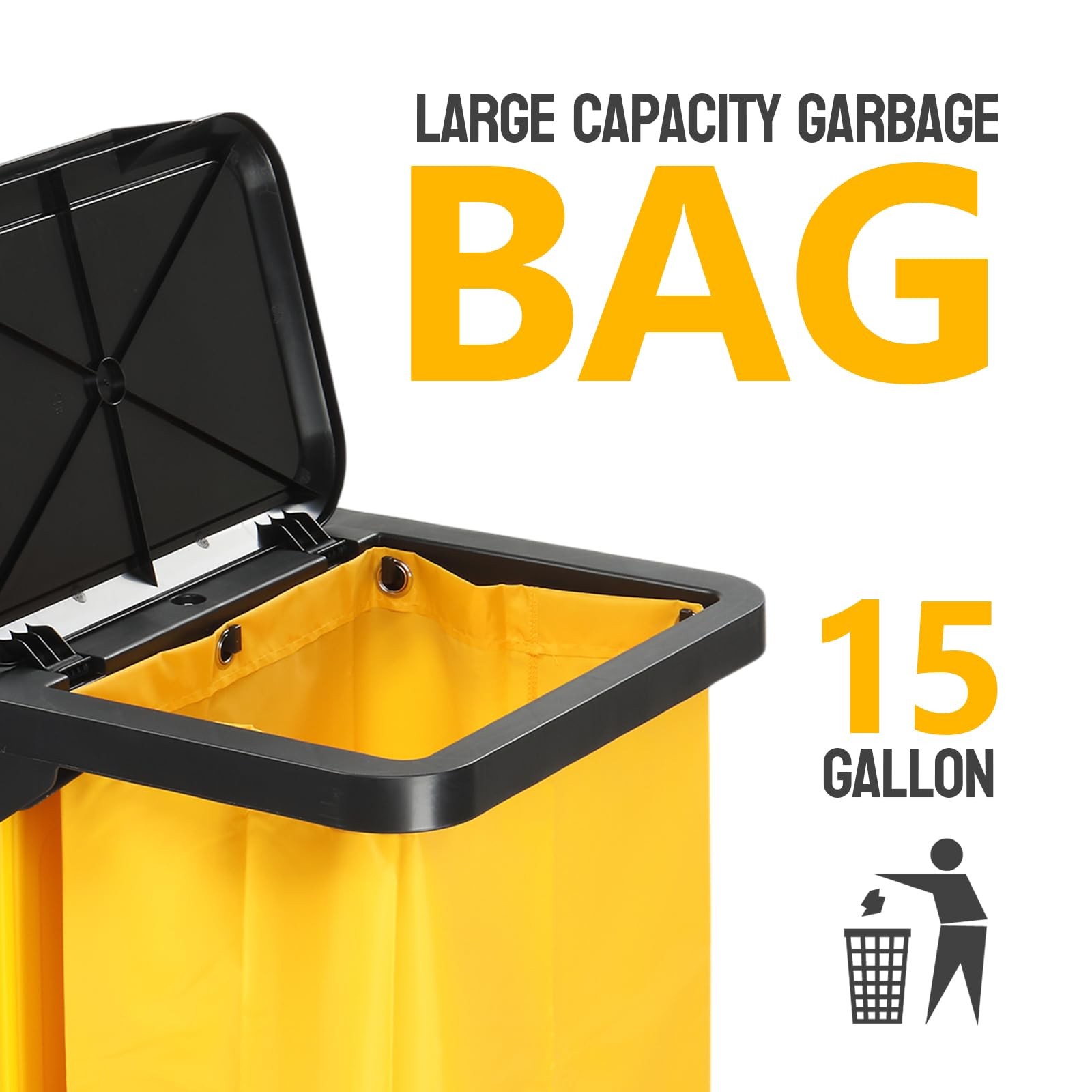 TUFFIOM 3-Shelf Janitorial Cart with Key-Locking Cabinet, Black/Yellow Vinyl Bag