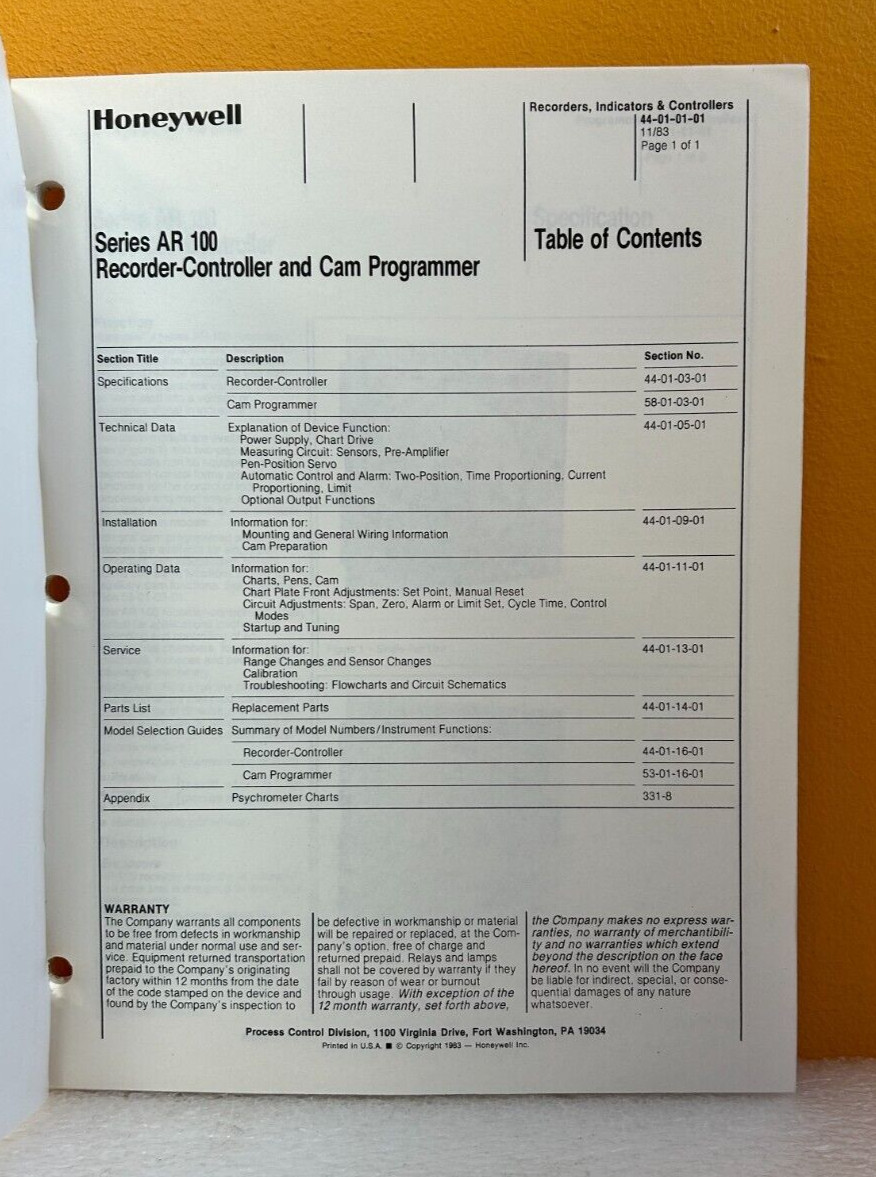 Honeywell 44-01-25-01 1983 Series AR 100 Recorder-Controller Product Manual.