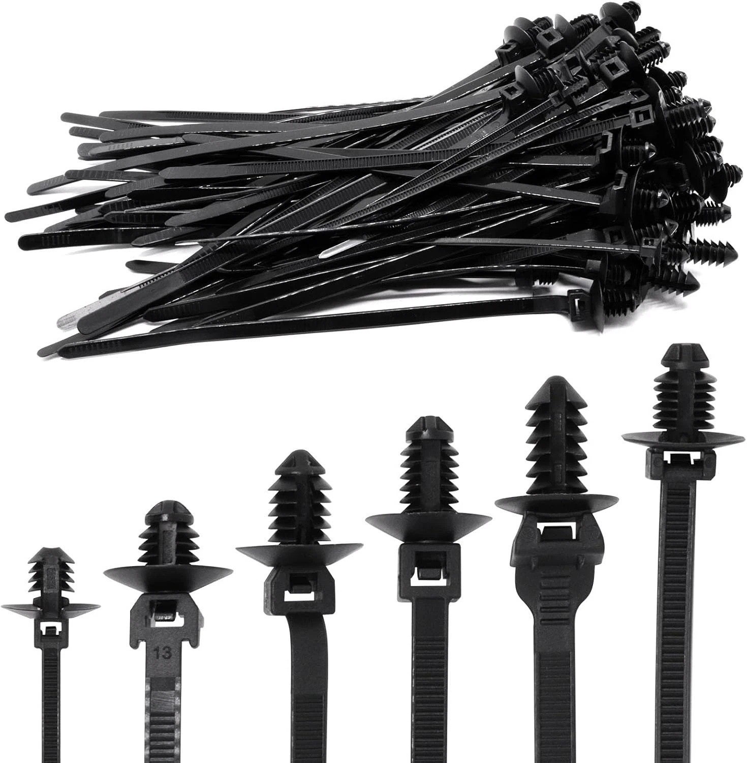 60PCS Push Mount Zip Ties Nylon Wire Harness Cable Clips Automotive Black 6 Type