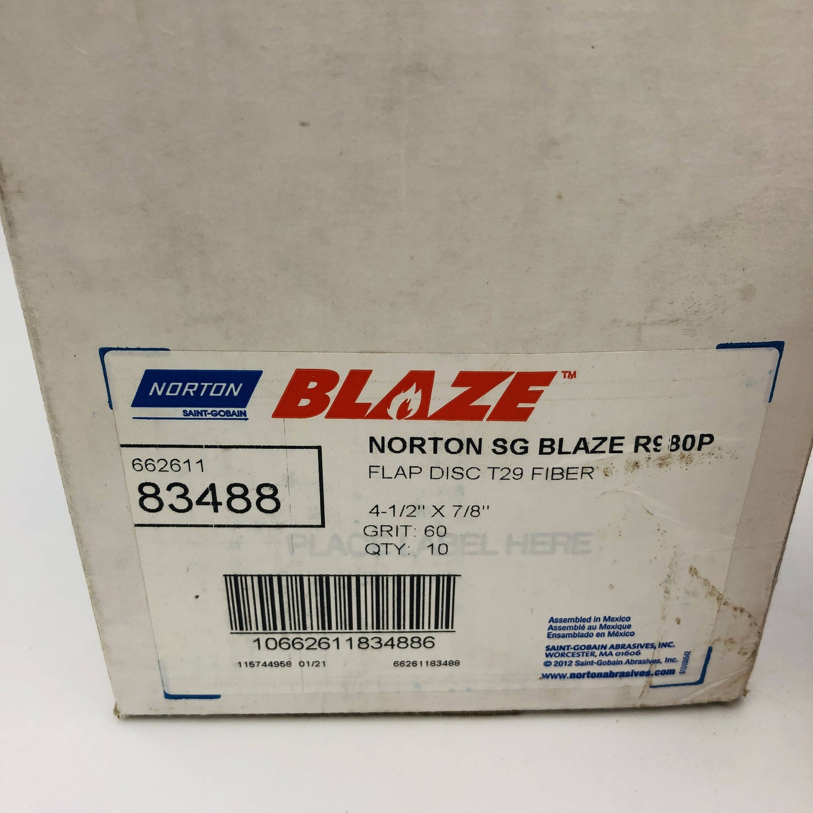 Norton 83488 Flap Disc Resin Fiber 4-1/2×7/8 Type 29 Blaze R980P 60 Grit 10/Box