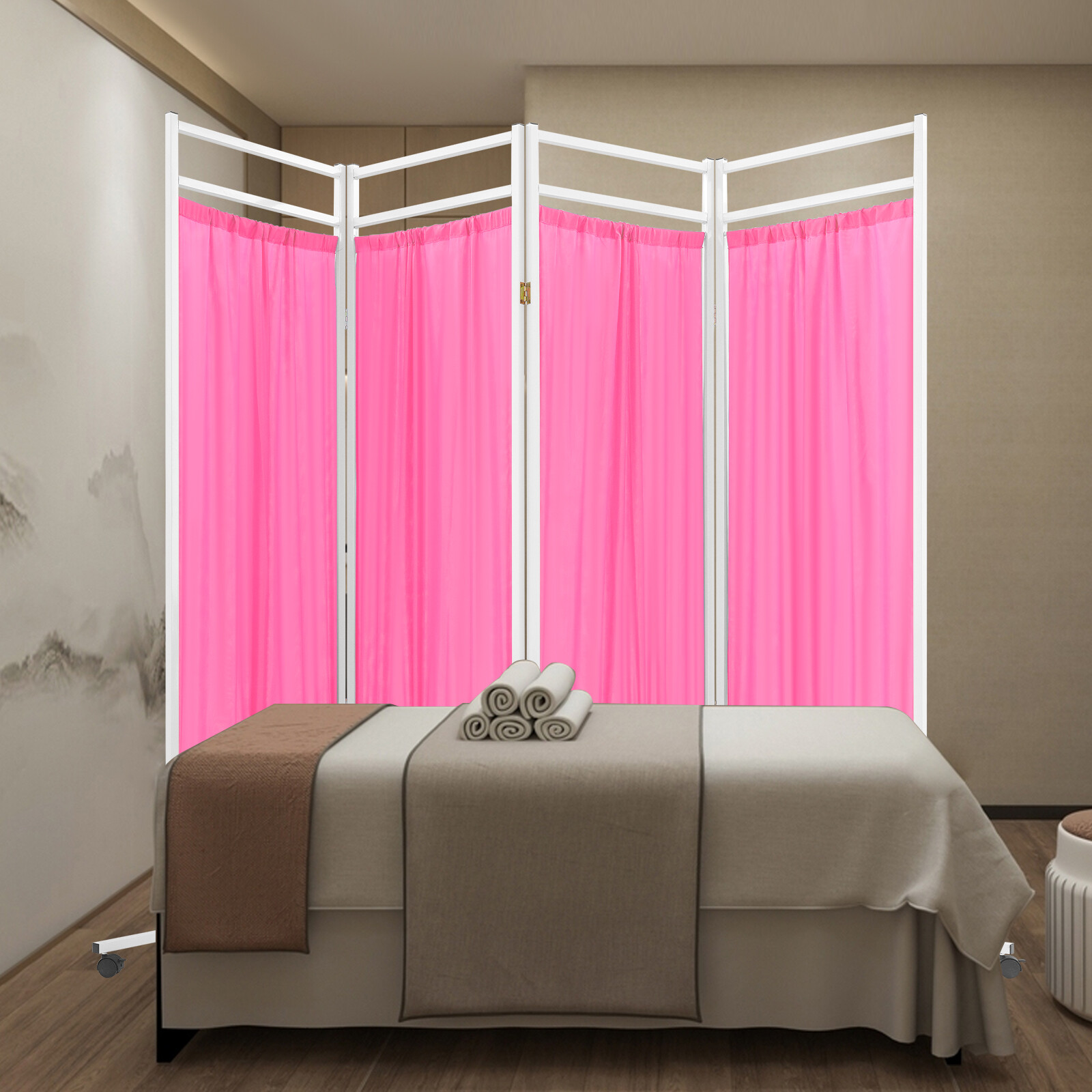 4 Panels Foldable Medical Room Divider Portable Medical Privacy Screen Pink