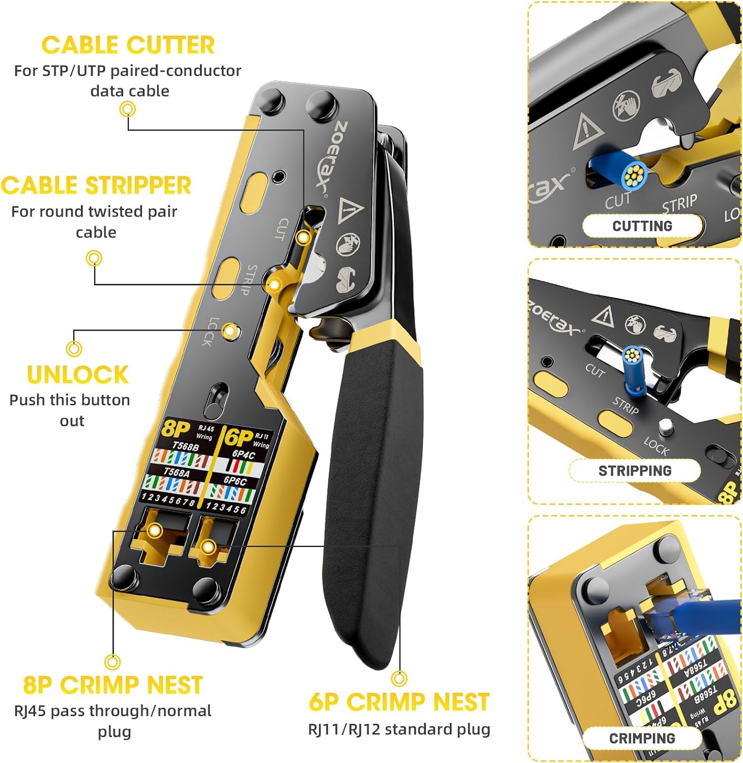 ZOERAX Yellow Crimping Tool for RJ45, RJ11/RJ12 Connectors – Ethernet Crimp Tool