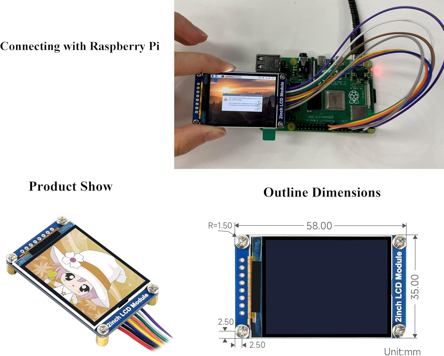 High-Contrast 2-Inch IPS LCD Display – 160° Viewing Angle, Raspberry Pi Ready