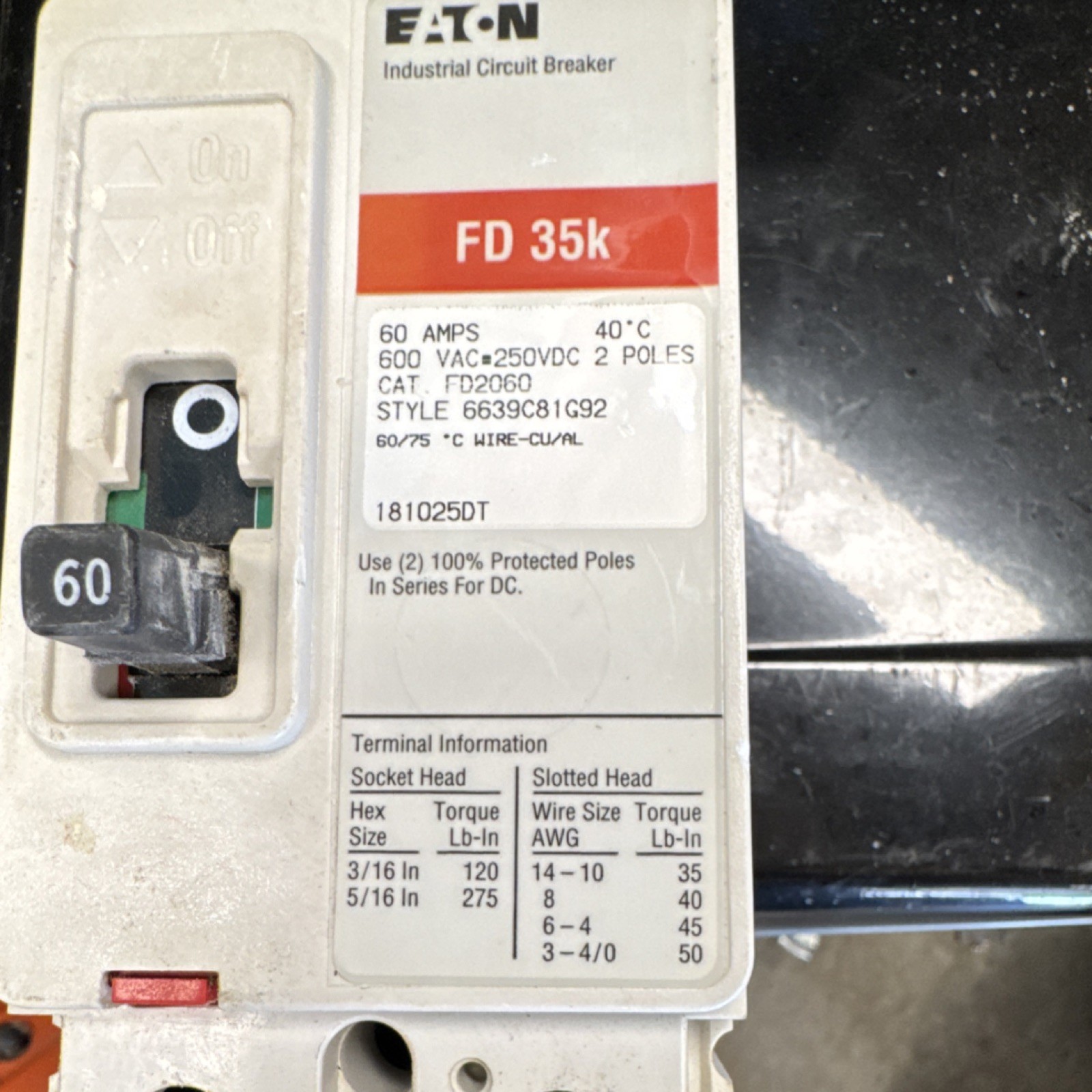 1 Eaton FD 35k Industrial Circuit Breaker 60A 2-Pole 600VAC 250VDC