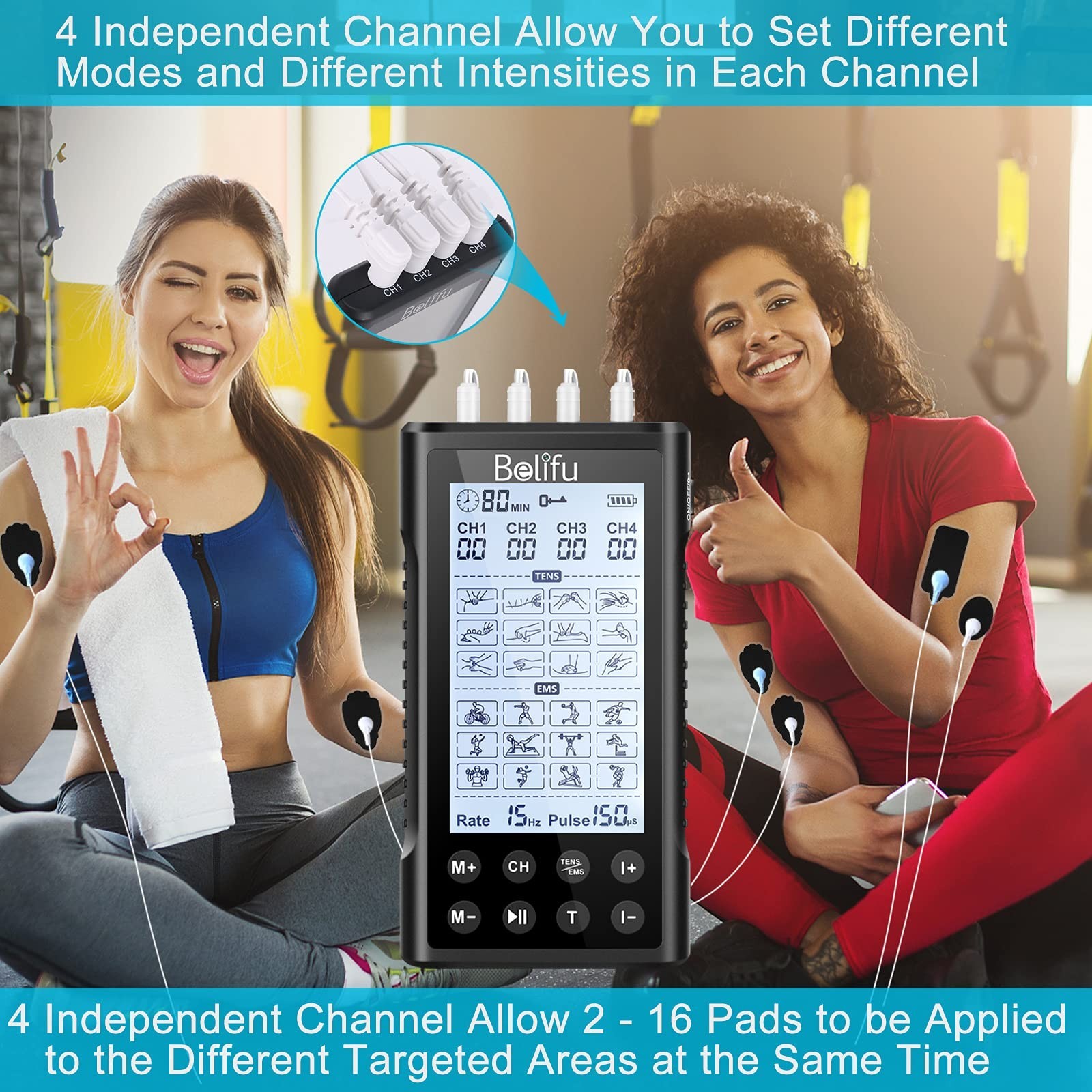 Belifu 4 Independent Channel TENS EMS Unit, 24 Modes,30 Level Inten… Fast Ship