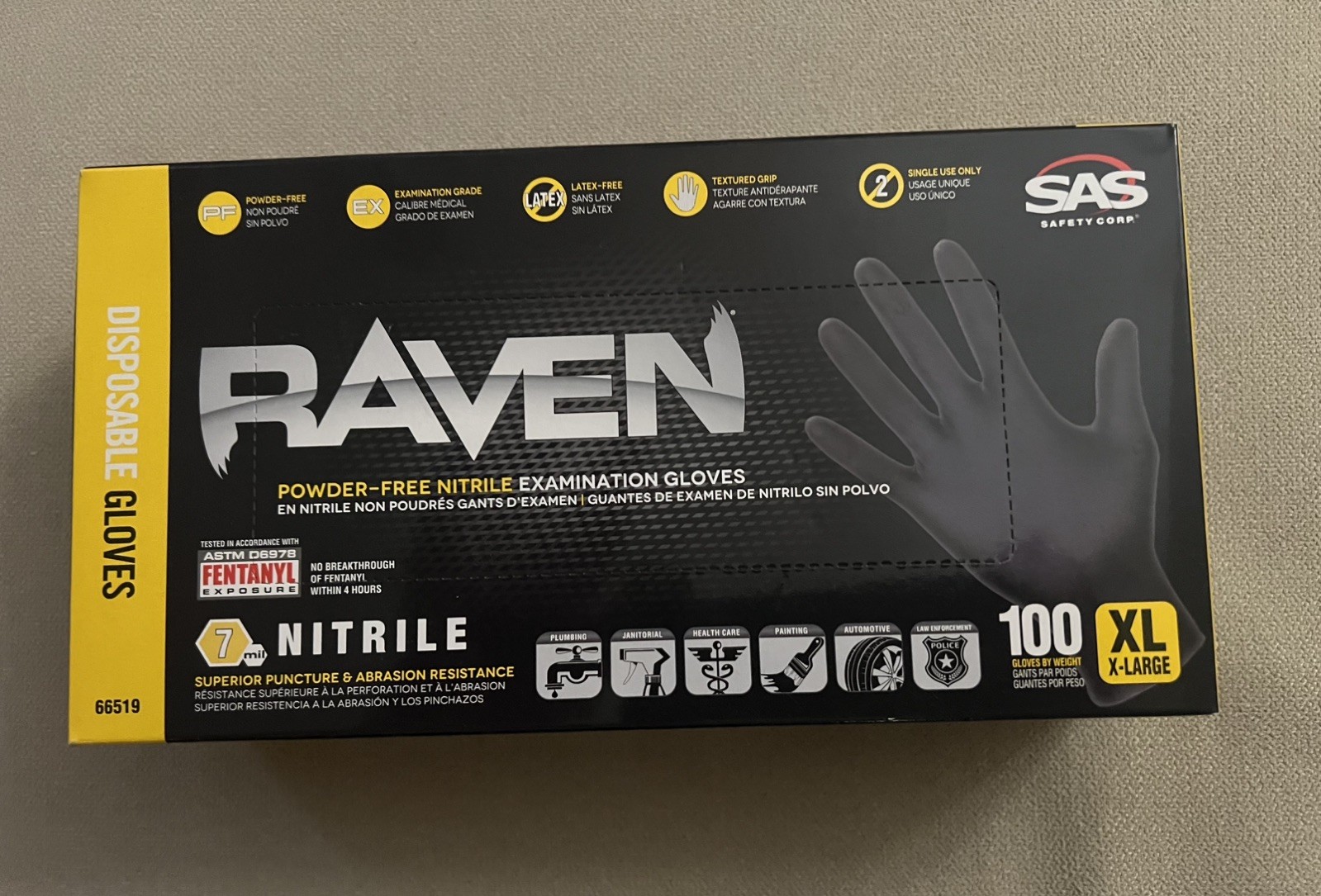 SAS Safety Gloves XL X-Large, 66519, Powder Free, 7 mil, Black Color , 100 units