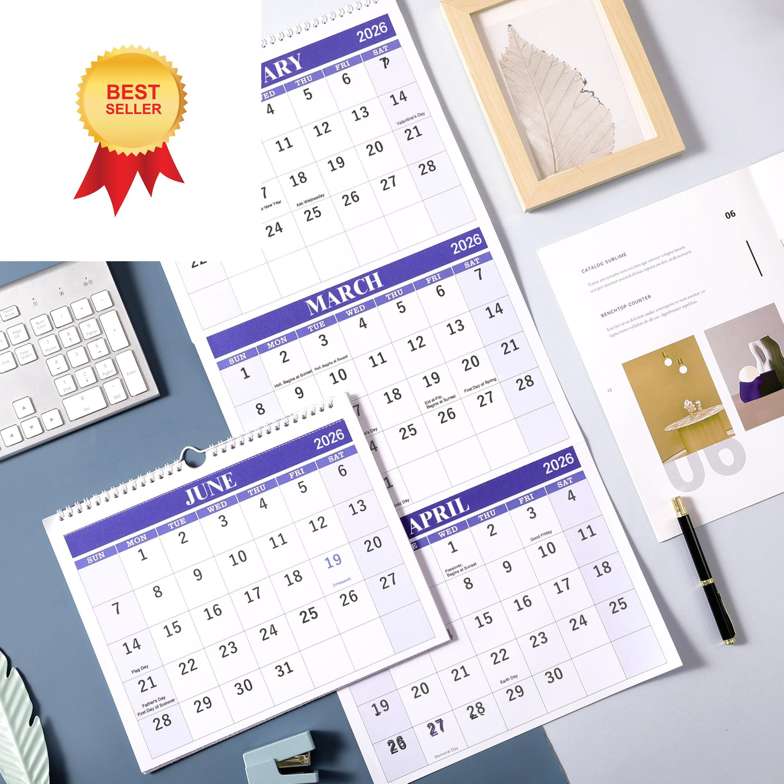 2026 Wall Calendar – 3 Month Display (Folded in a Purple
