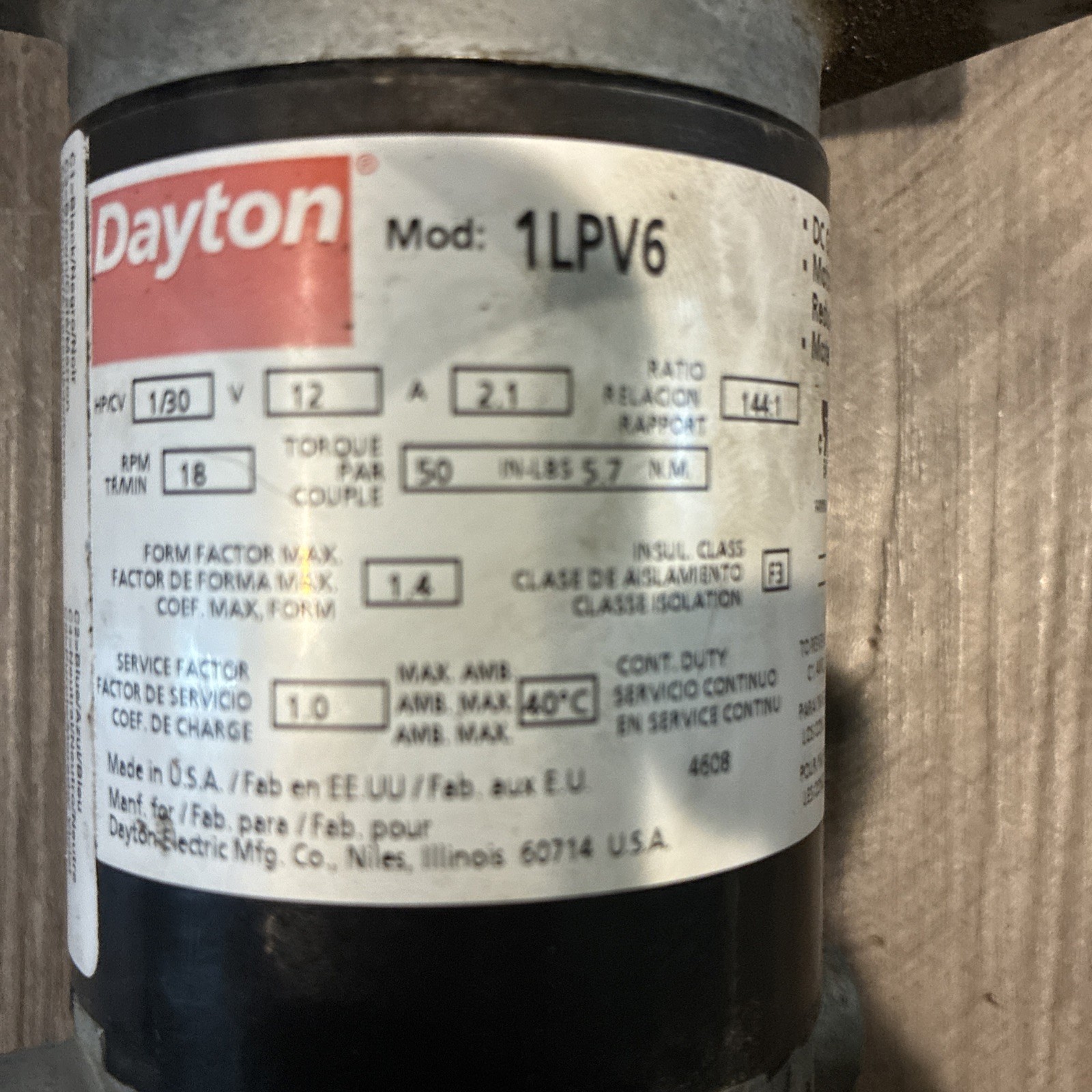 Dayton LT15 1Lpv6 DC Gearmotor, 50.0 In-lb Max. Torque, 18 RPM, PMDC, 1LPV6A
