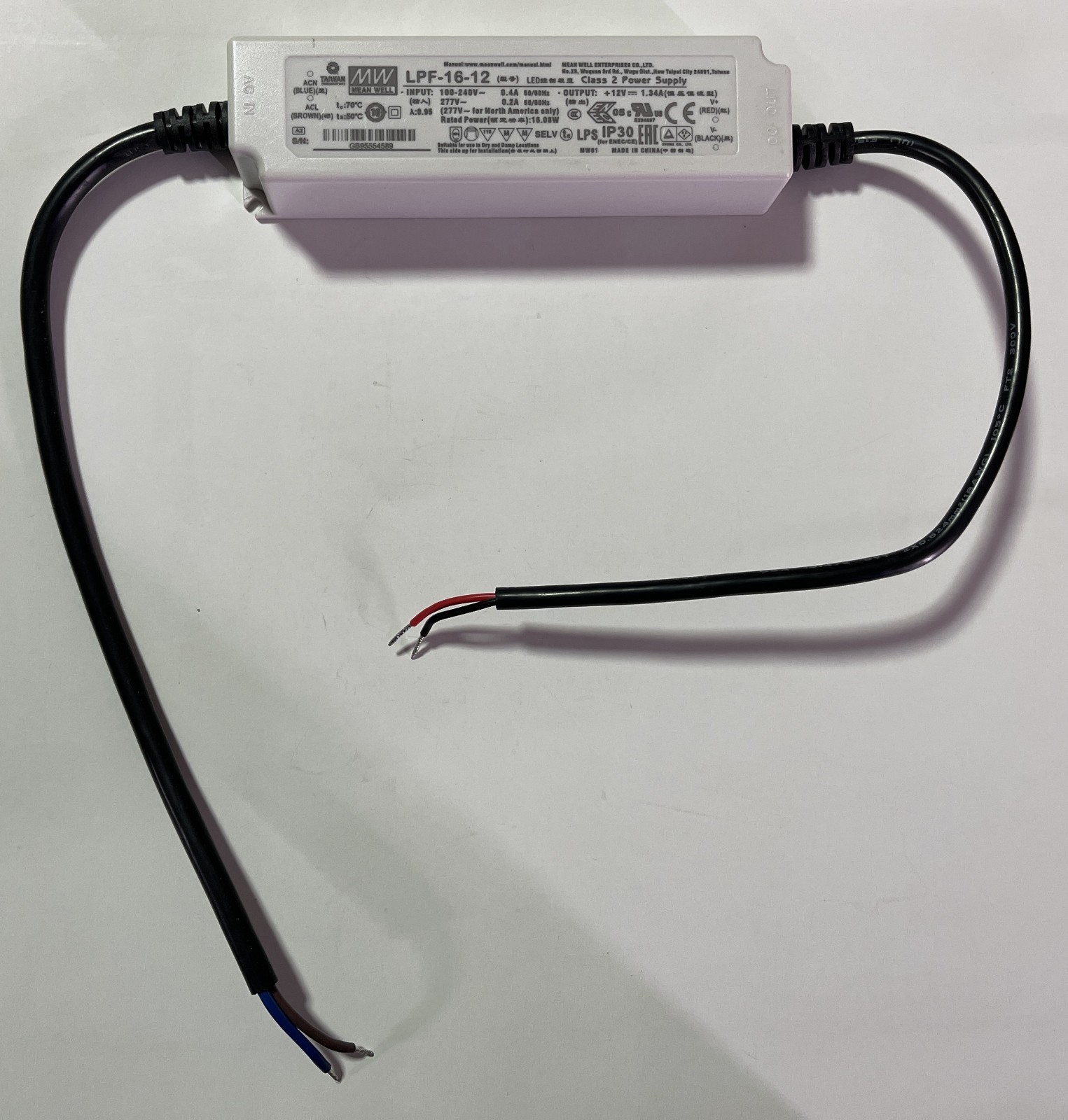 1-PC MEAN WELL LPF-16-12 100-277VAC LED DRIVER POWER SUPPLY OUTPUT 12VDC 1.34A