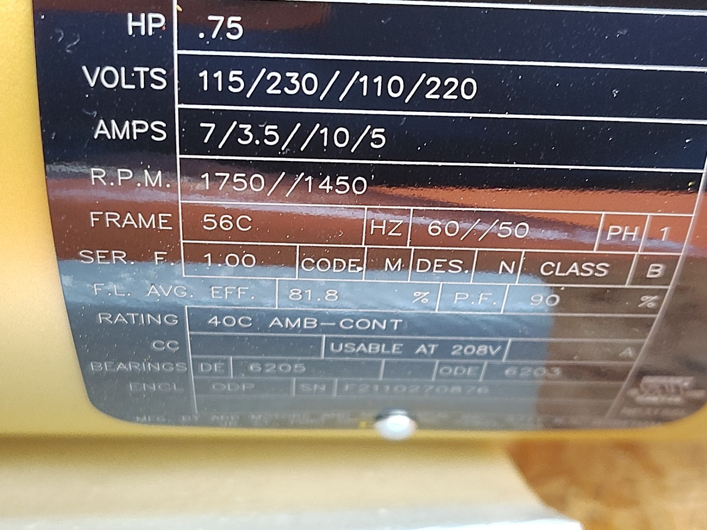 Baldor Reliance Super E Motor 35E020S679G3 .75 HP 1750/1450 RPM PH 1 ABB 115/230