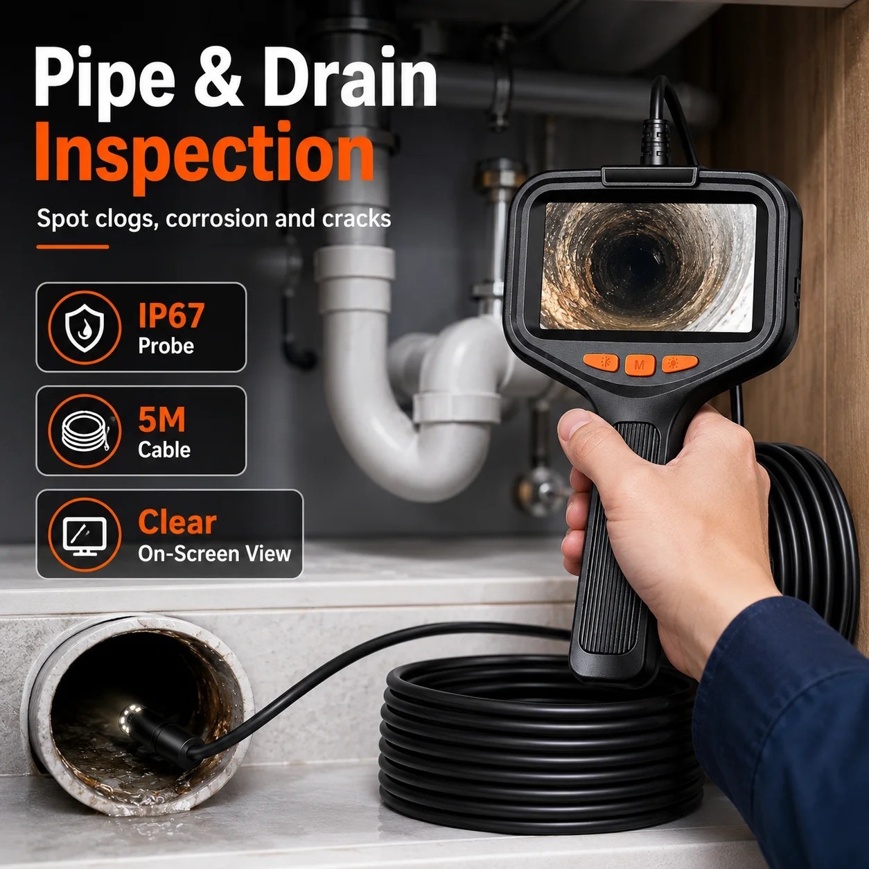 4.3in Inspection Camera w/ Light Articulating Camera for Plumbing Inside Wall
