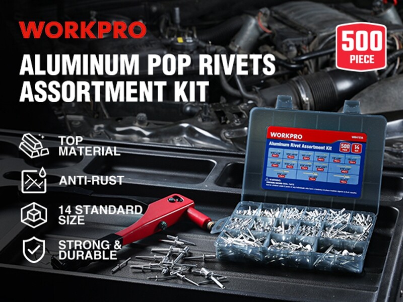WORKPRO 500pc Aluminum Blind Rivets 14Size Pop Rivets Assortment Kit Case-Sliver