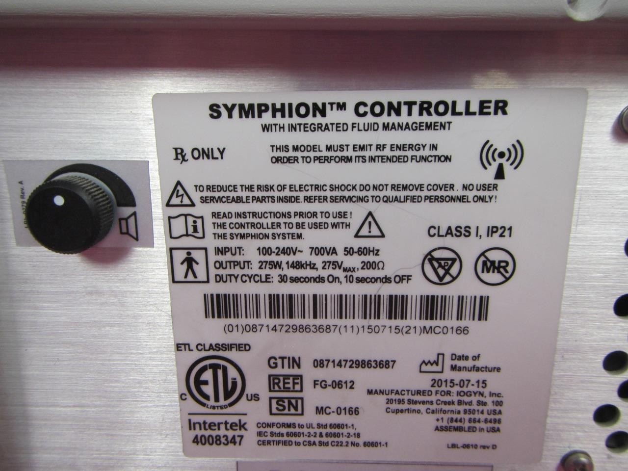 Symphion FG-0612 Hysteroscopy System Controller Fluid Management w/ Footswitch