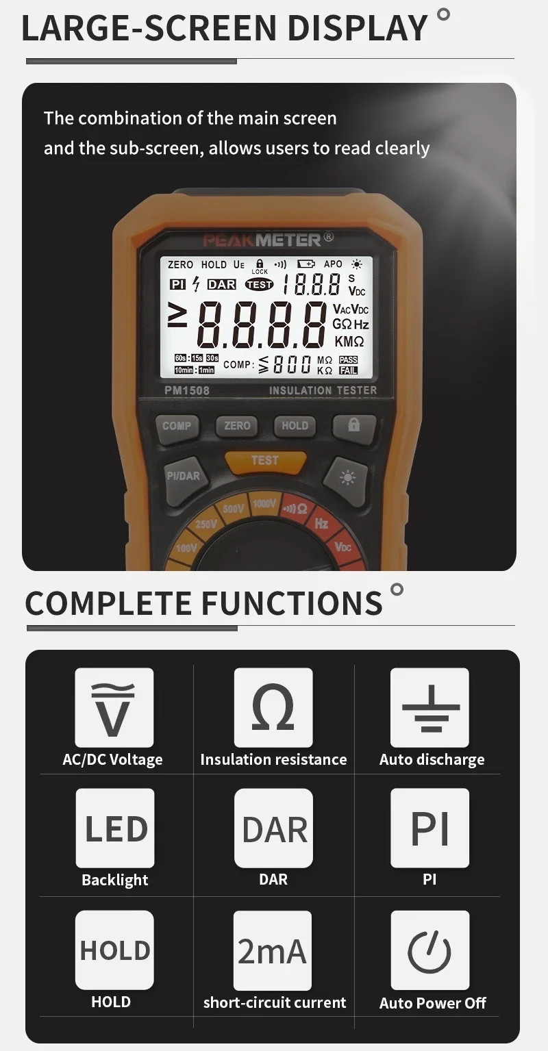Handheld Insulation Resistance Tester 1000V 100GΩ Multimeter Voltmeter PI DAR