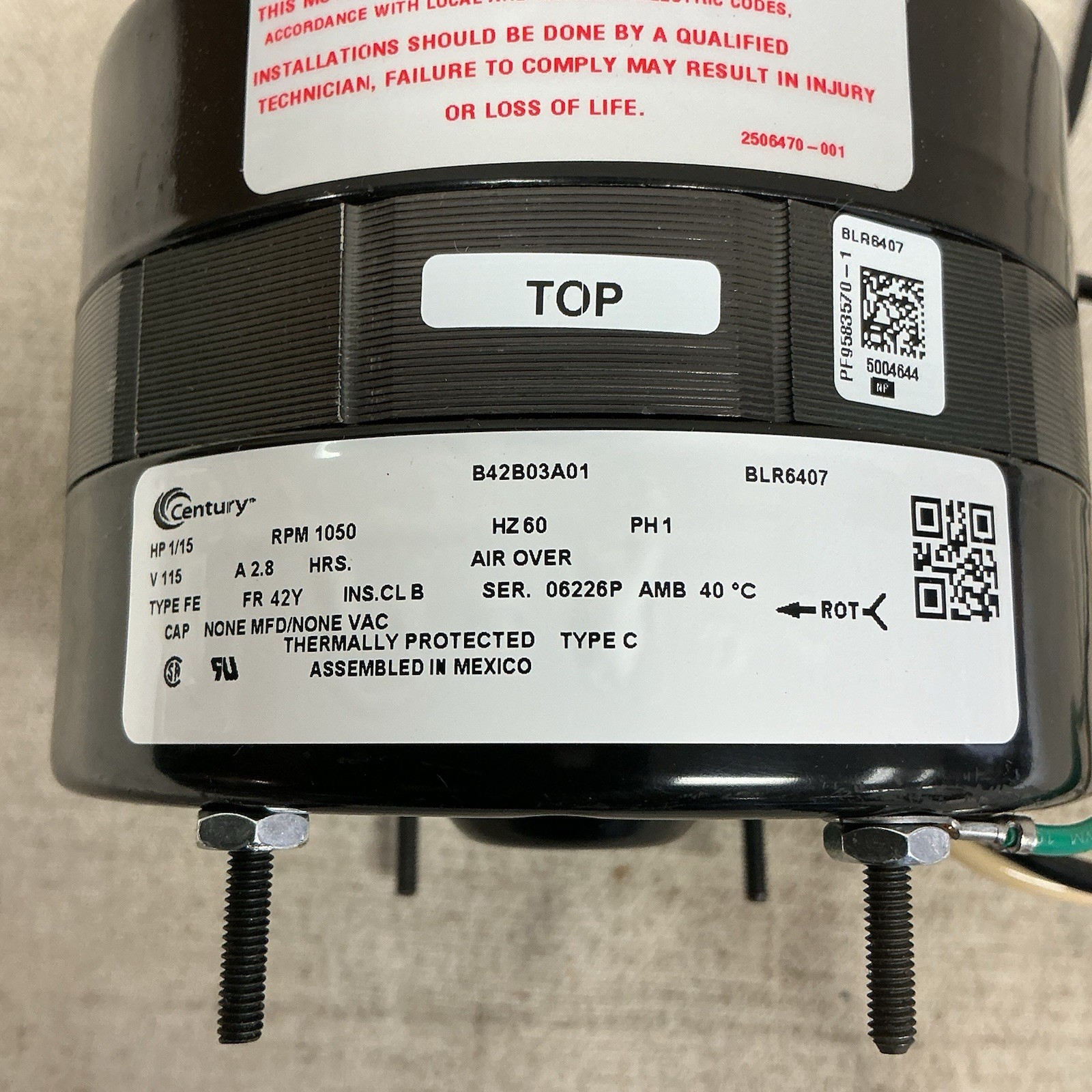 CENTURY BLR6407 Direct Drive Blower Motor 1/15hp 1050rpm 115V
