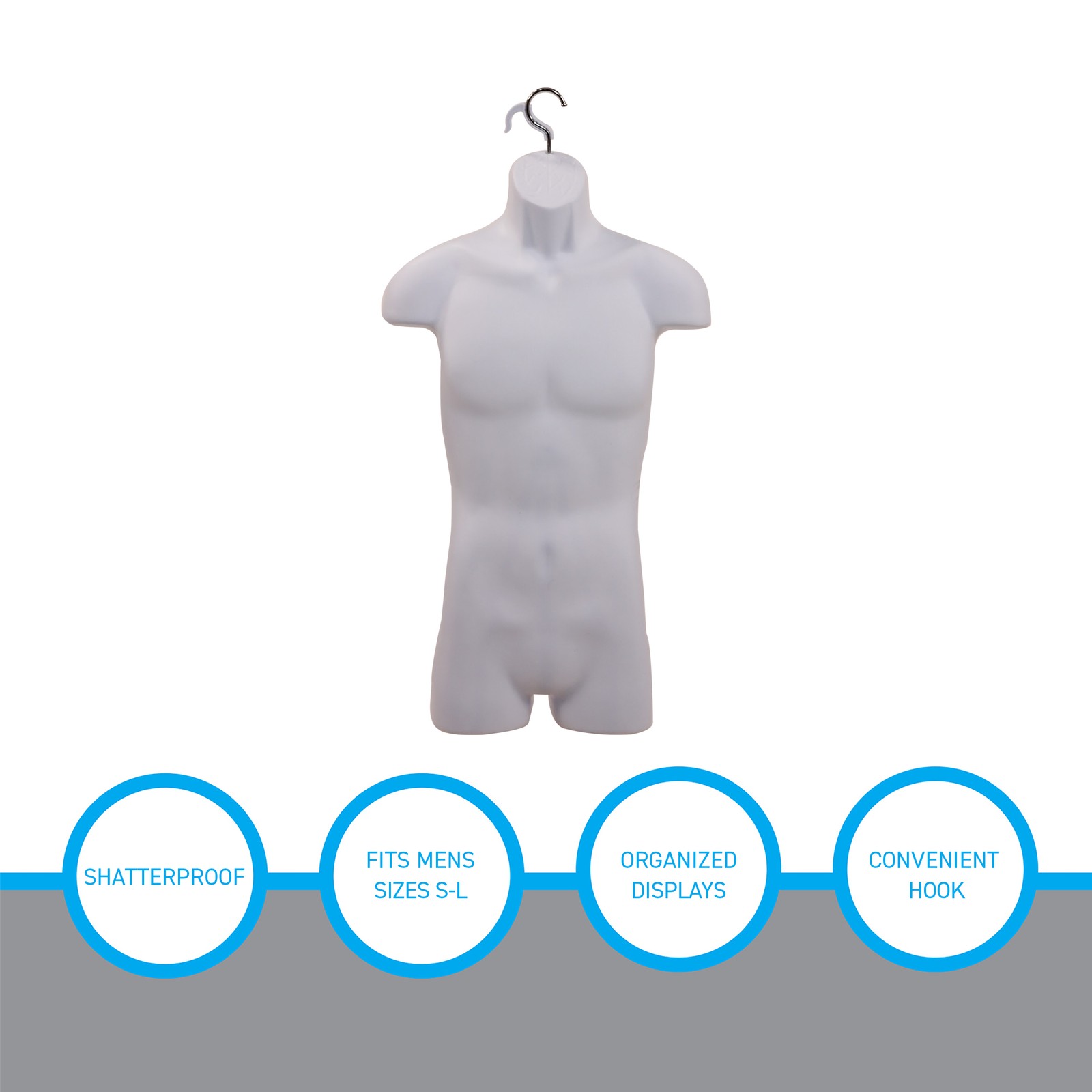 Male Molded White Shapely Torso Form With Hook – Fits Men’s Sizes S-L