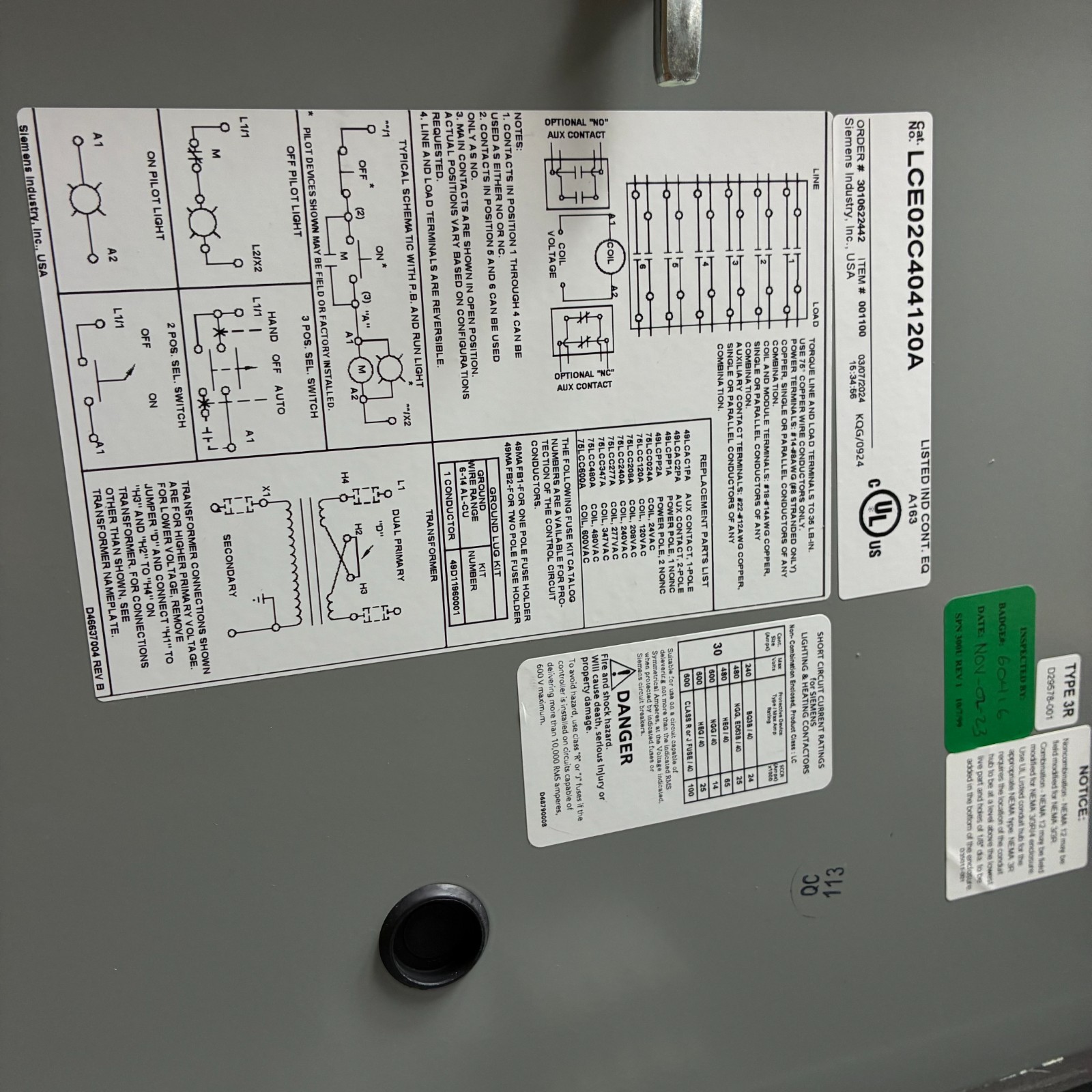 SIEMENS LCE02C404120A Convertible Lighting Contactor 4NO/4NC 30A 120VAC