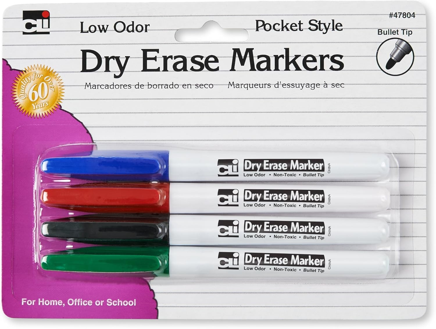 Dry Erase Markers, Pocket Style with Bullet Tip, Assorted Colors, 4-Pack (47804)