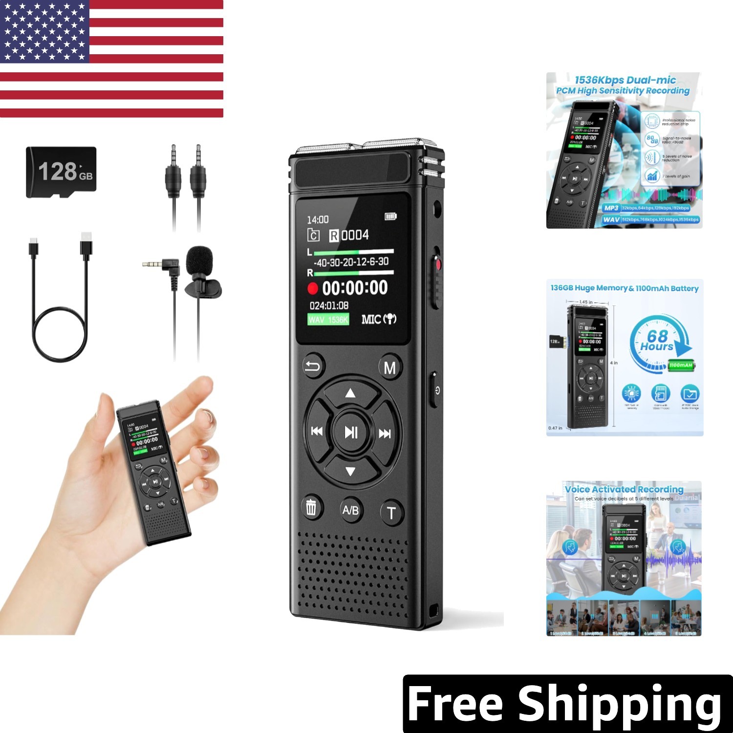 136GB Digital Voice Recorder – 9000 Hours, Voice Activated with Noise Reduction