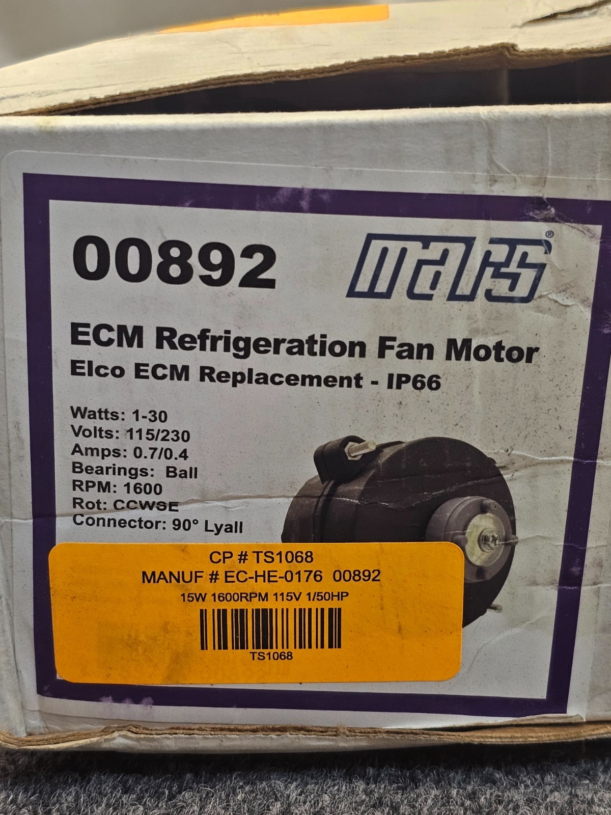 Mars 00892 ECM Refrigeration Fan Motor 115/230V 1600RPM Replacement For Elco