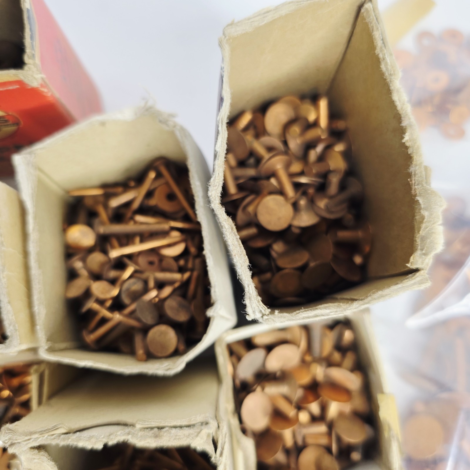 9 Pounds Vintage Copper Steel Belt Fasteners Tubular Rivets Burrs Boxes Lot Bulk